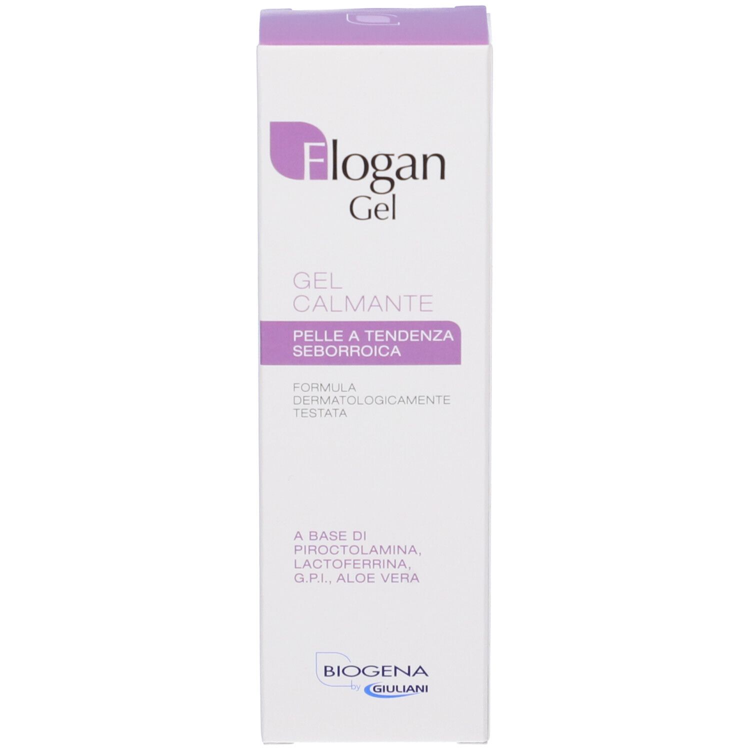 Scatola bianca alta. Scritta: Flogan Gel, Gel Calmante, PELLE A TENDENZA SEBORROICA. Marchio: BIOGENA.