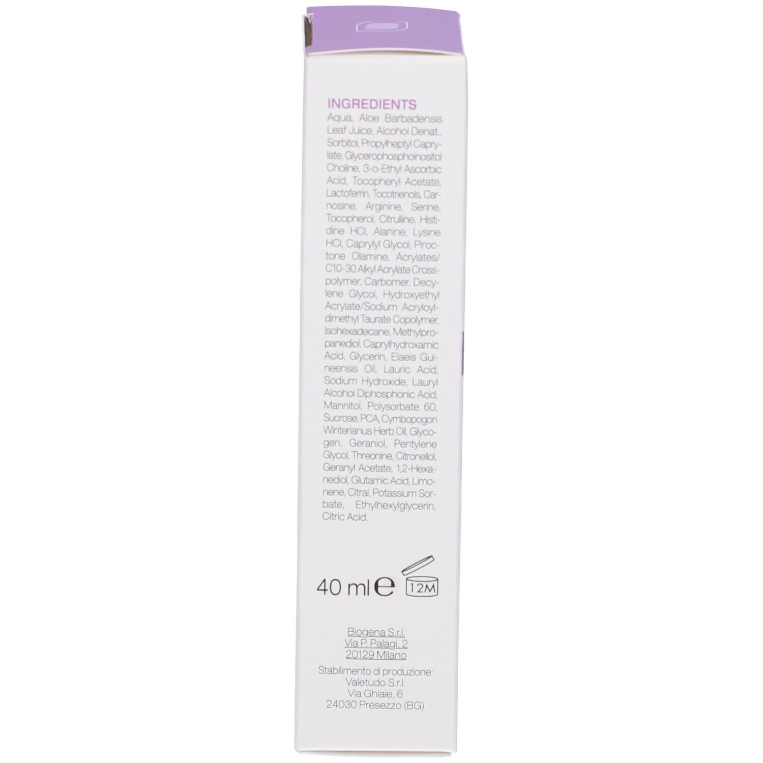 Lato della scatola. Testo: Flogan Gel, ingredienti, 40 ml. Marchio: BIOGENA.