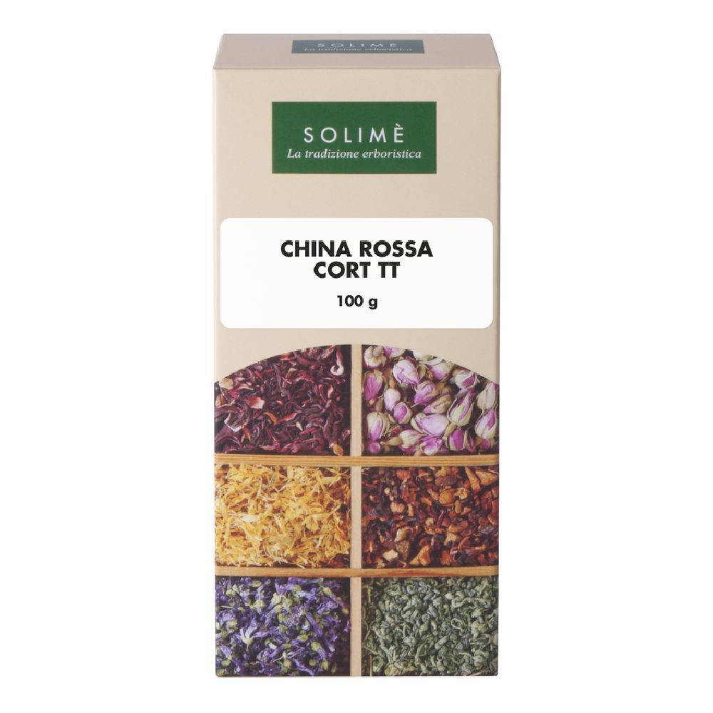 Scatola con scritta CHINA ROSSA CORT TT 100 G. Diverse erbe in scomparti.