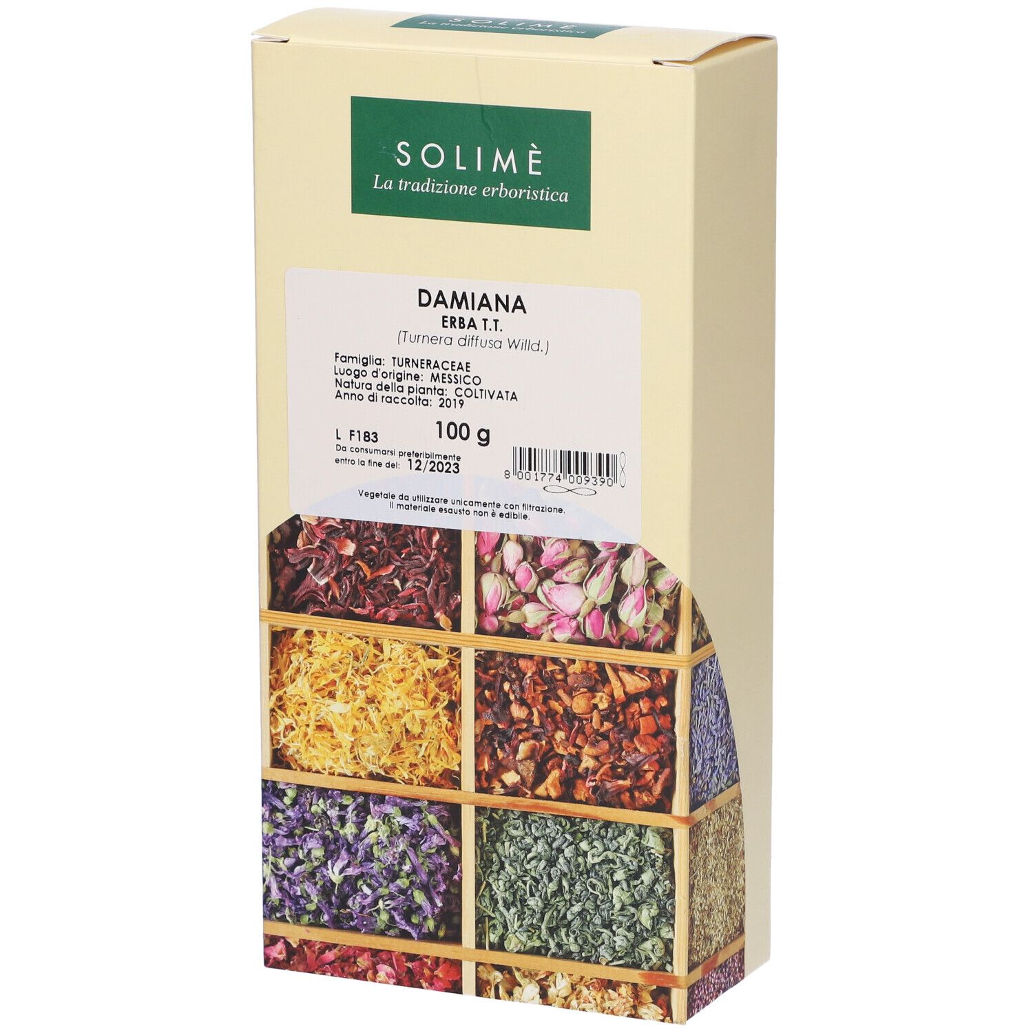 Scatola con Damiana Erba T.T. e 100 g. Contiene informazioni sull'origine. Marchio: Solimè. Erbe in basso.