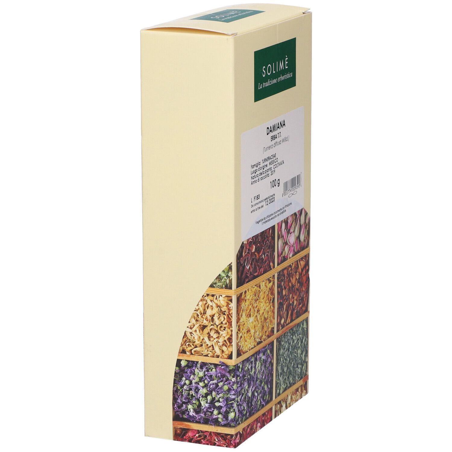Scatola con Damiana Erba T.T. e 100 g. Contiene informazioni sull'origine. Marchio: Solimè. Erbe in basso.