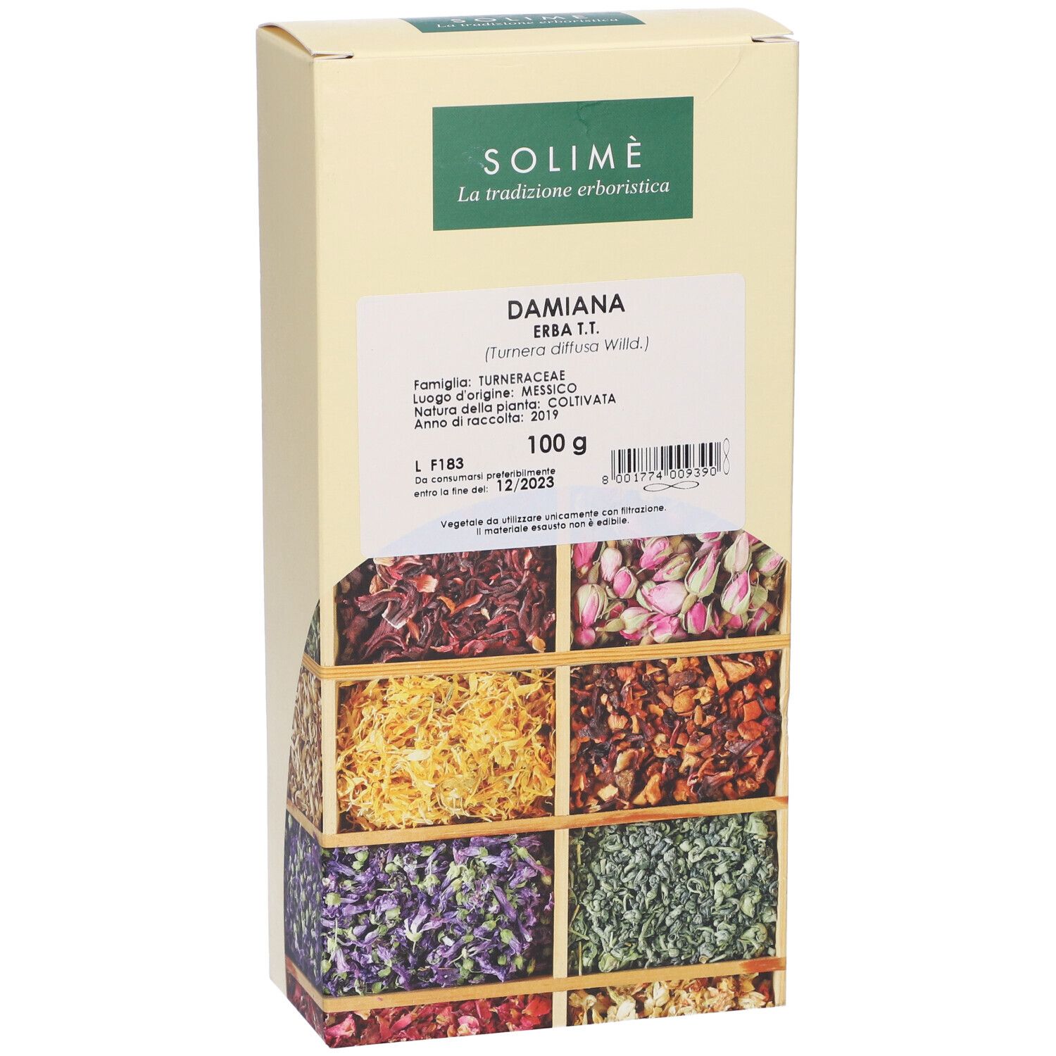 Scatola con Damiana Erba T.T. e 100 g. Contiene informazioni sull'origine. Marchio: Solimè. Erbe in basso.