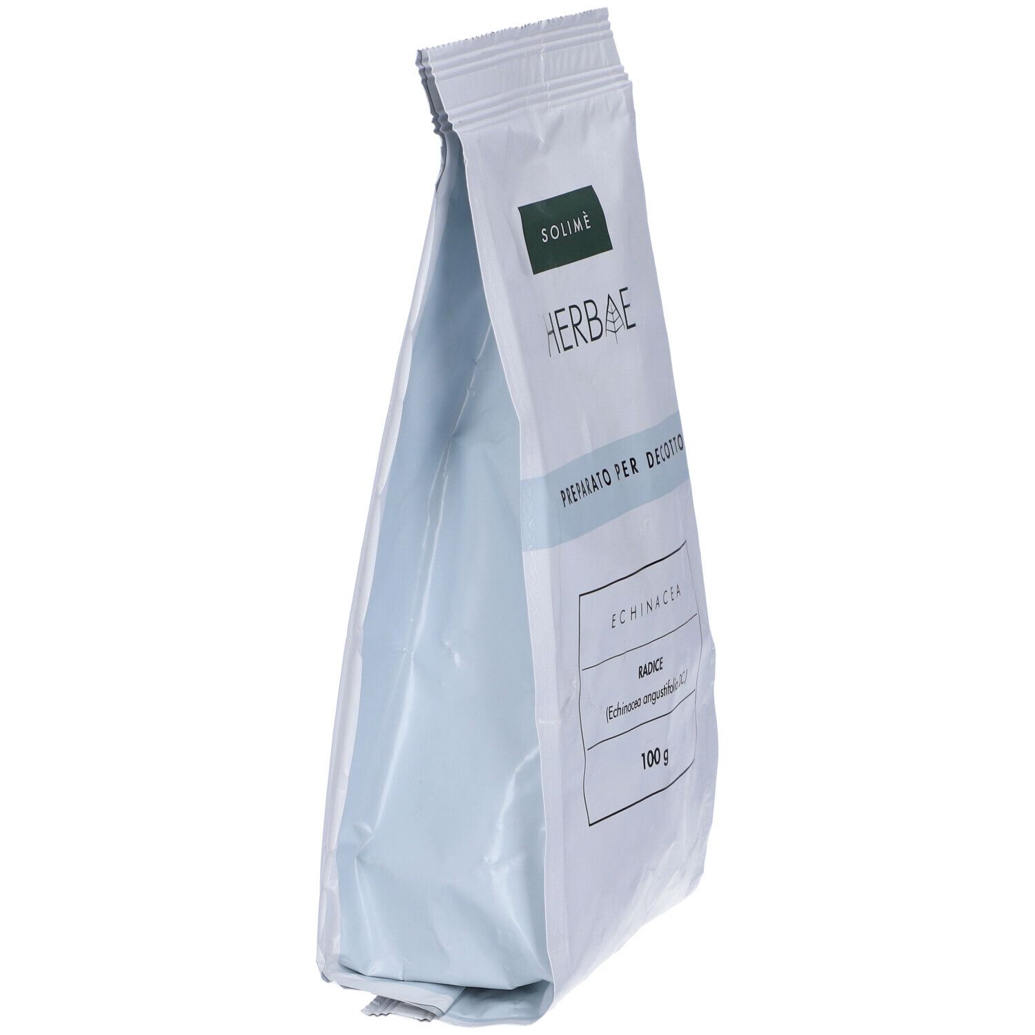 Busta di radice di Echinacea, 100g. Scritta: HERBAE, PREPARATO PER DECOTTO. Marchio SOLIMÈ. Vista obliqua.