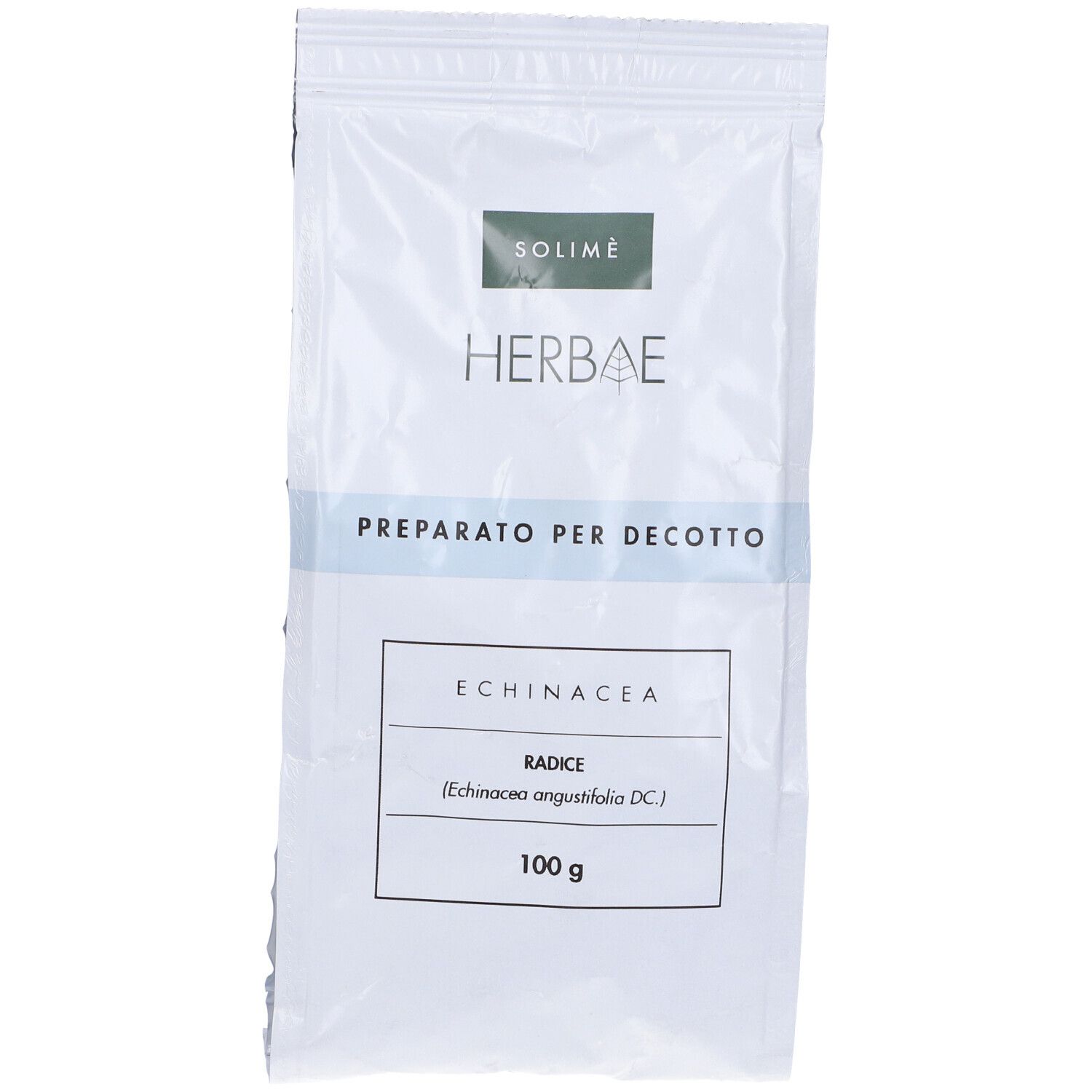 Busta di radice di Echinacea, 100g. Scritta: HERBAE, PREPARATO PER DECOTTO. Marchio SOLIMÈ.