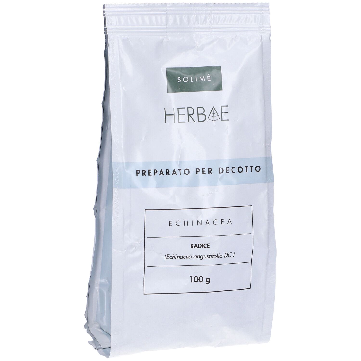 Busta di radice di Echinacea, 100g. Scritta: HERBAE, PREPARATO PER DECOTTO. Marchio SOLIMÈ.