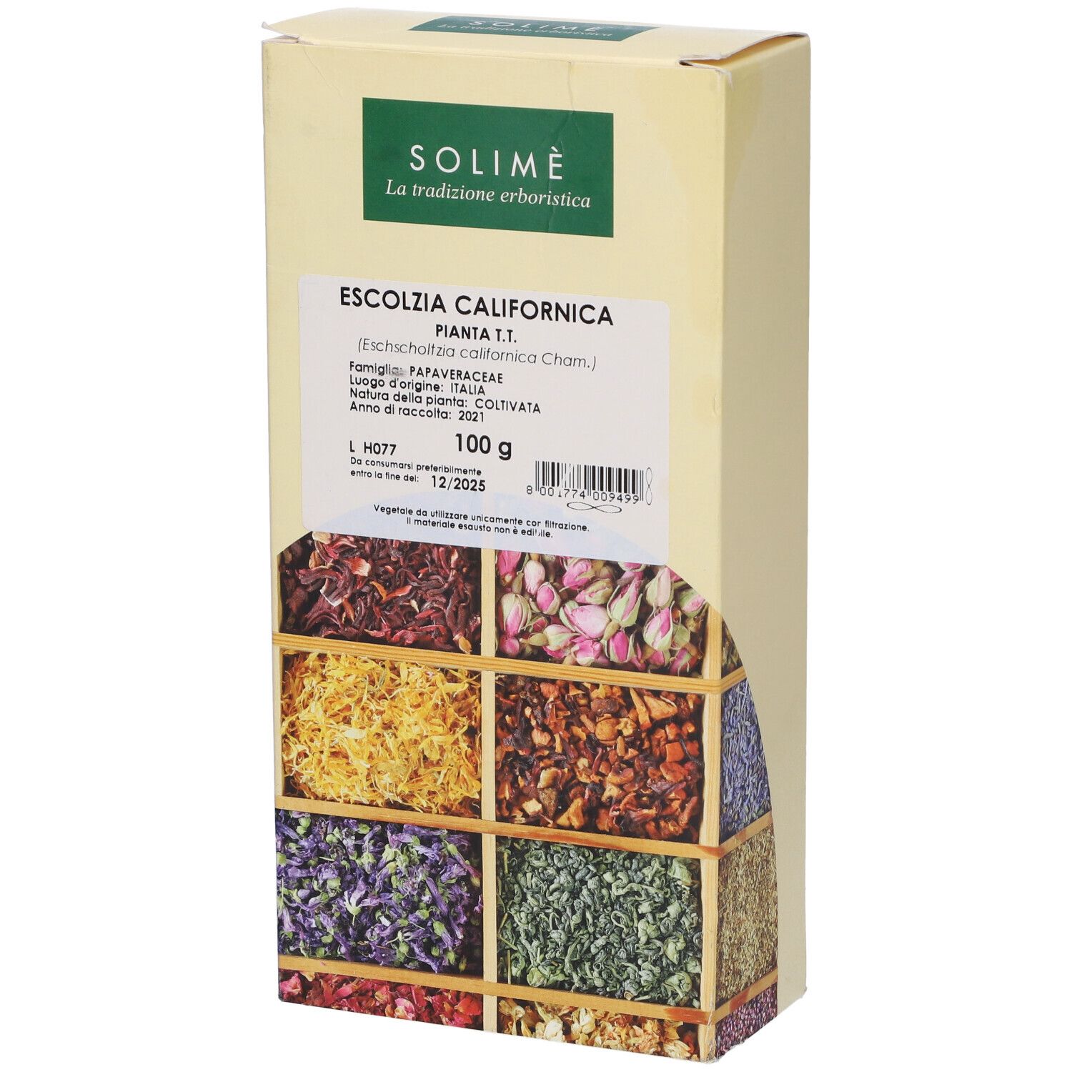 Scatola del prodotto ESCOLZIA CALIF PIANTA TT. Scritto: 100 g. Sotto: erbe in scatole di legno.