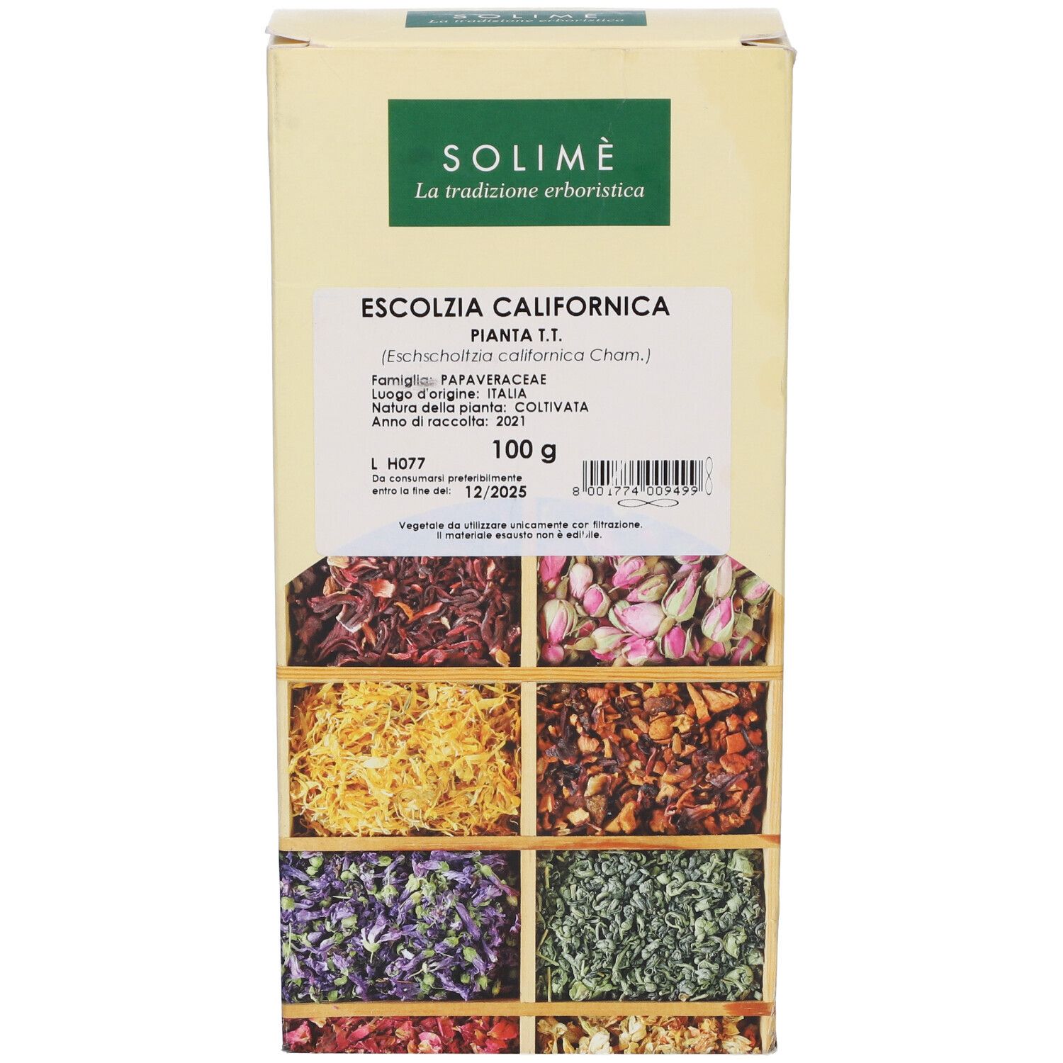 Confezione del prodotto ESCOLZIA CALIF PIANTA TT. Scritto: 100 g. Erbe in scatole di legno.
