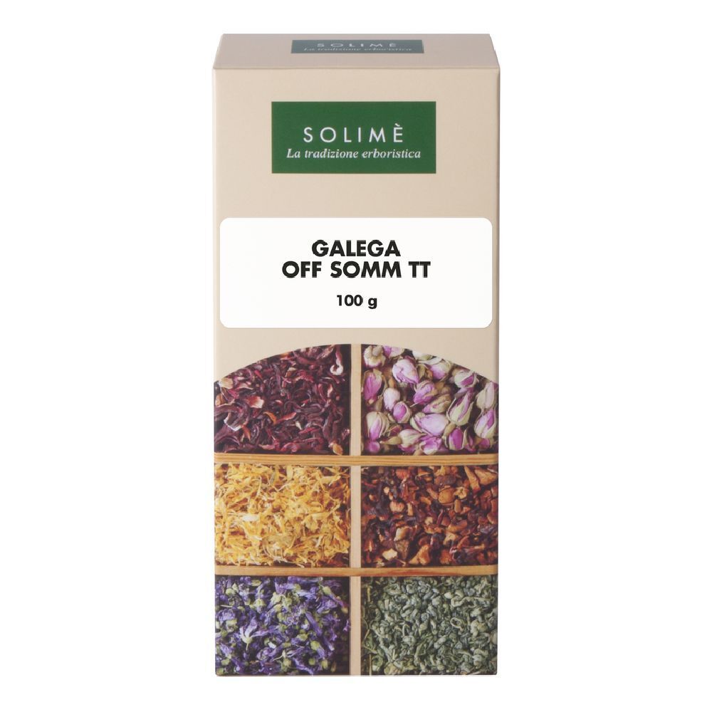 Confezione in cartone con nome del prodotto ed erbe in scomparti. Testo: Galega Sommita' TT, 100 g. Marchio: Solimè.