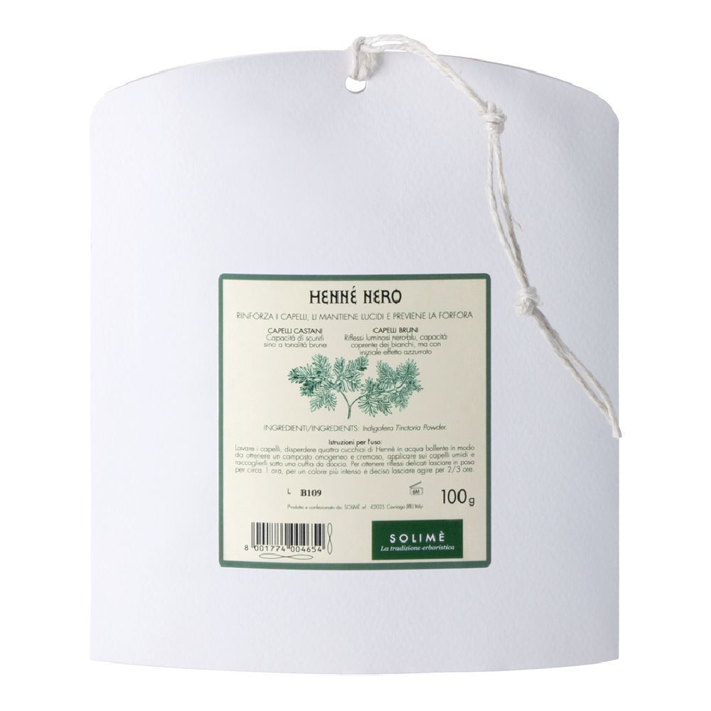 Confezione cilindrica con etichetta. Testo: Henne Nero, ingredienti, 100g. Marchio Solime. Cordino per appendere.