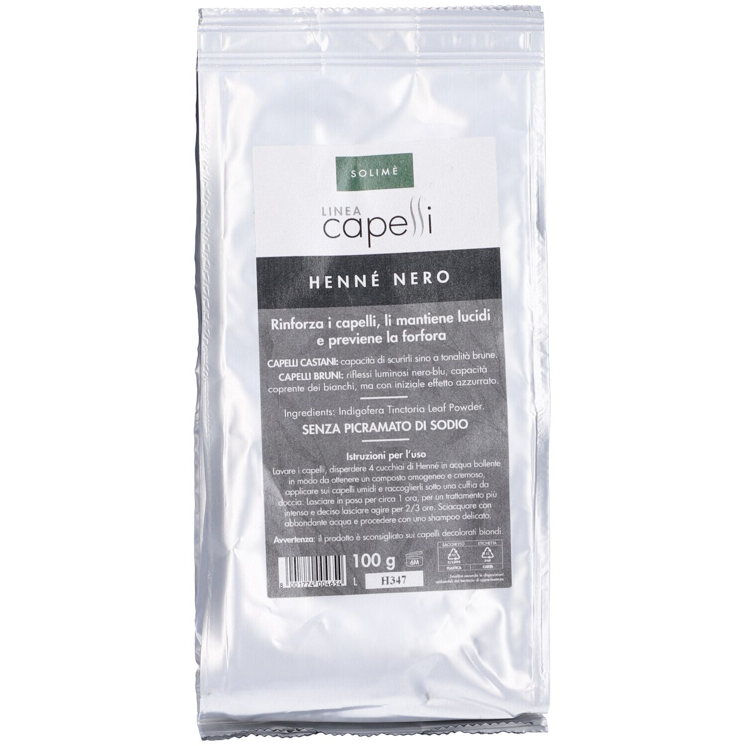 Busta con etichetta. Testo: Henne Nero, Linea Capelli, 100g. Marchio Solime. Ingredienti. Senza picramato di sodio.
