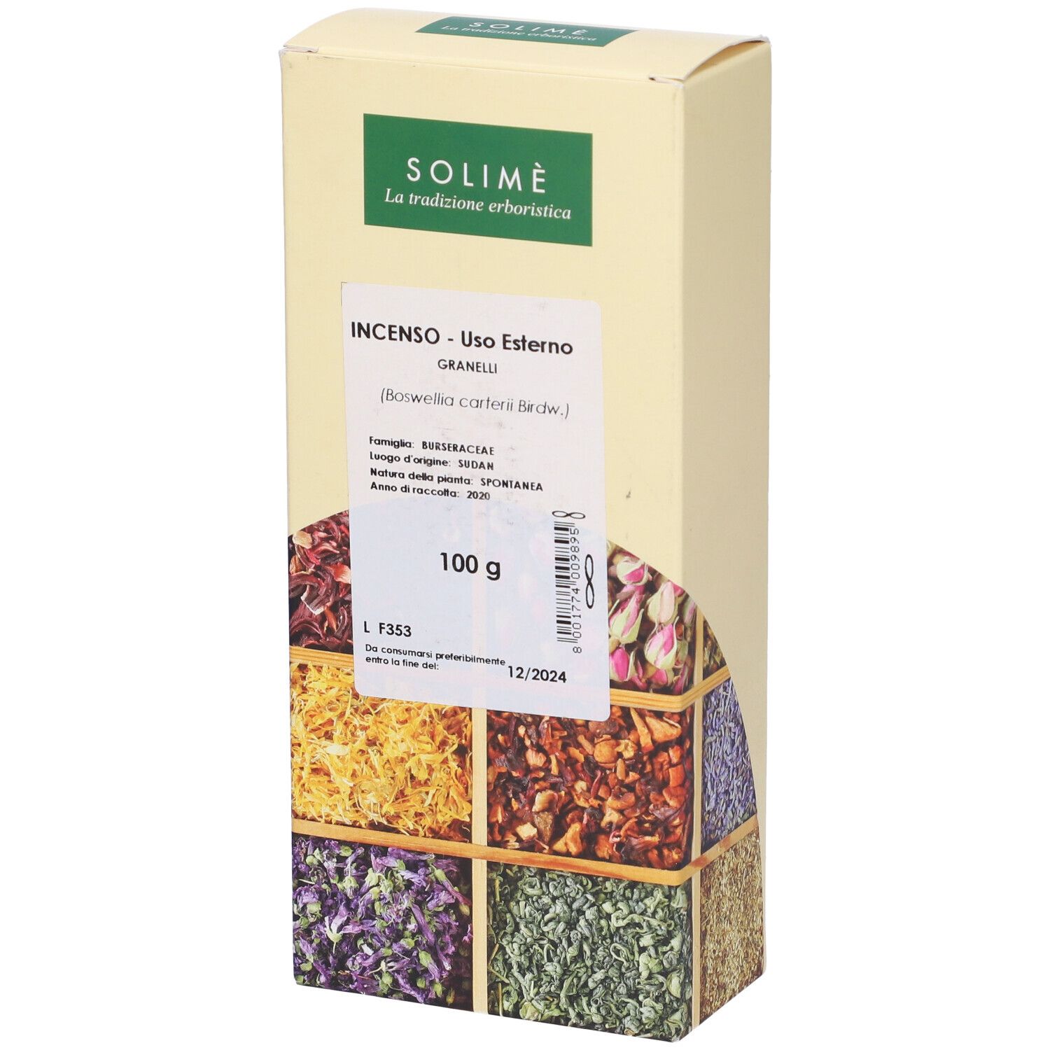 Confezione prodotto con testo: Incenso - Uso Esterno, 100 g. Scadenza 12/2024. Erbe in scomparti.