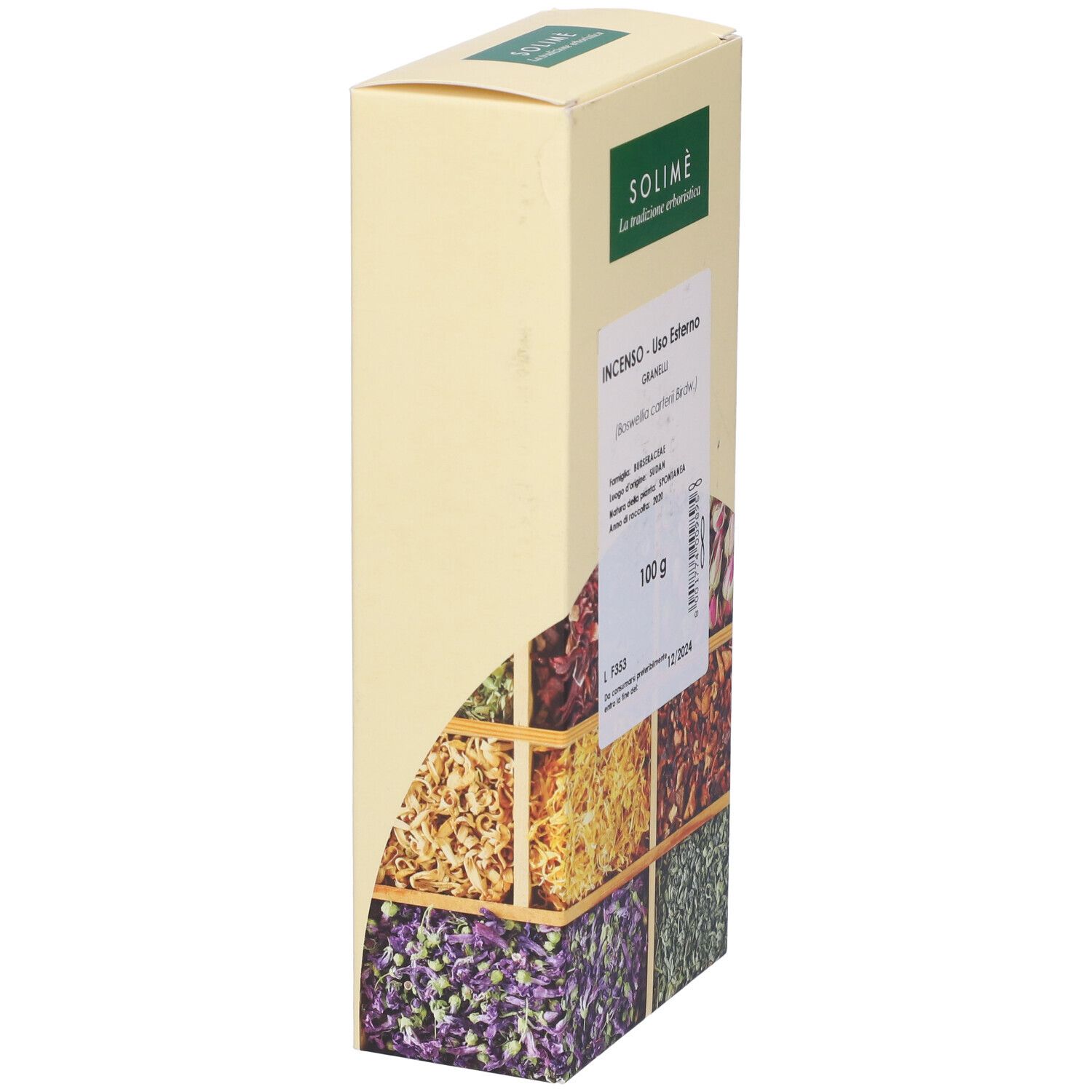 Vista laterale della confezione. Testo: Incenso - Uso Esterno, 100 g. Scadenza 12/2024. Erbe in scomparti.
