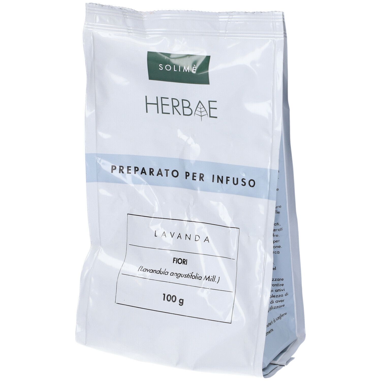 Confezione Herbae, Preparato per Infuso, Lavanda, Fiori, 100 g. Confezione bianca trasparente.