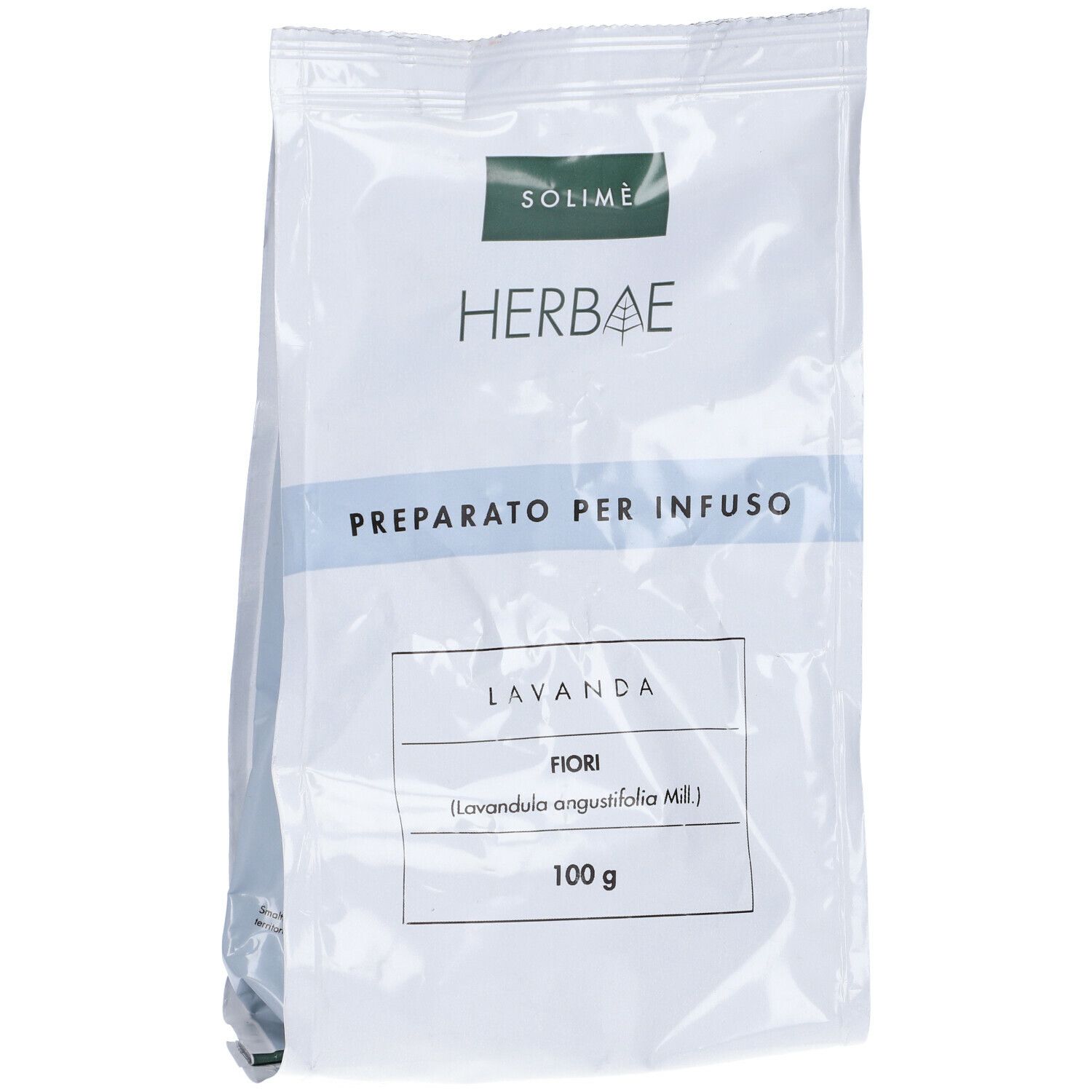 Confezione Herbae, Preparato per Infuso, Lavanda, Fiori, 100 g. Confezione bianca trasparente.