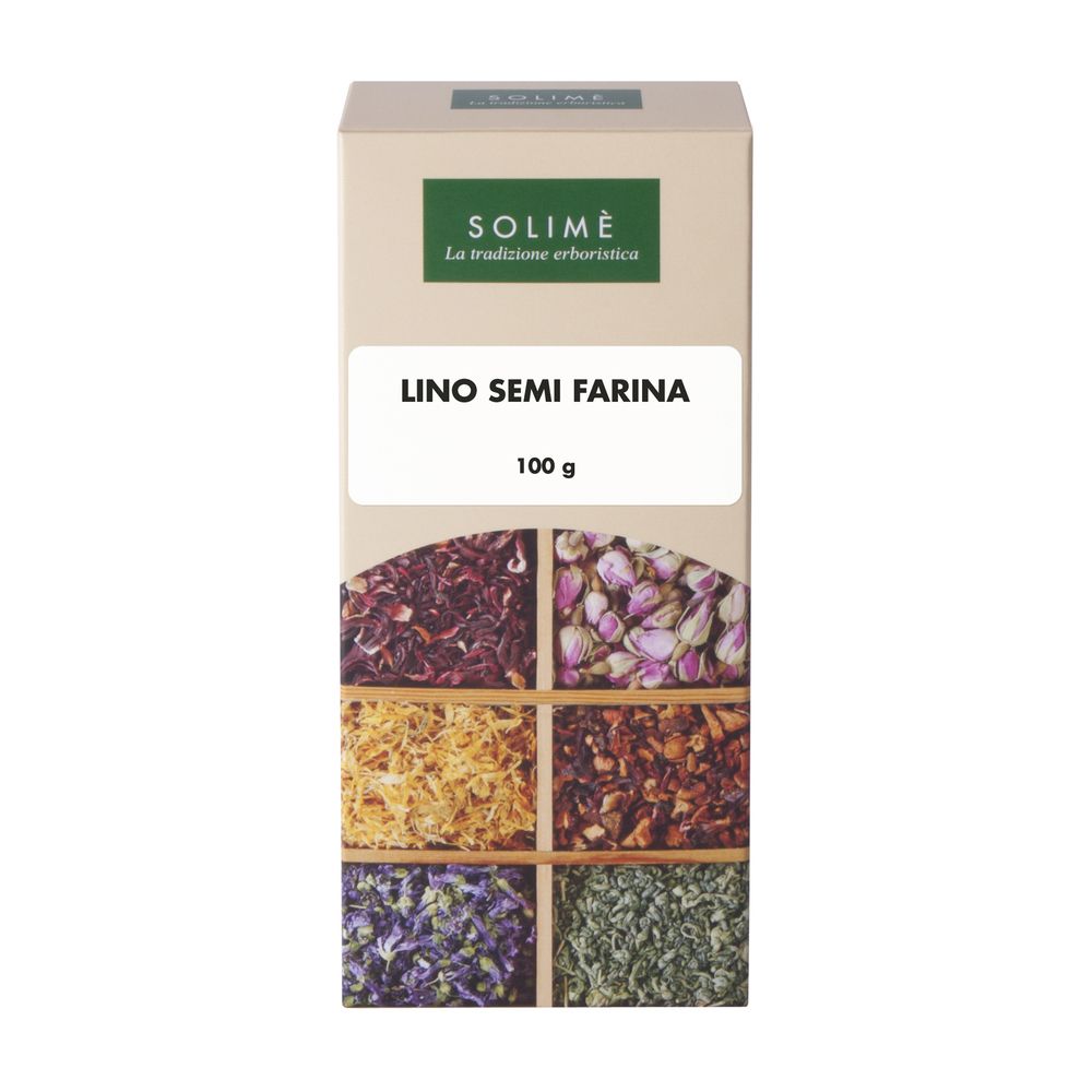 Confezione in cartone con scritta Lino Semi Farina e 100 g. Marchio Solimè. Sotto, sei erbe in scomparti.