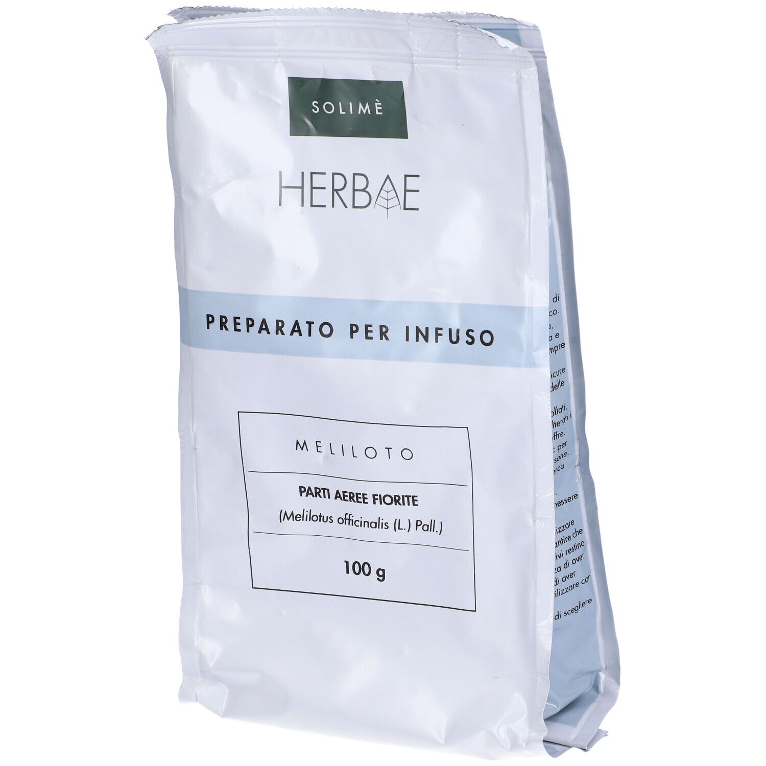 Confezione con nome MELILOTO, 100 g. Scritta: PREPARATO PER INFUSO.