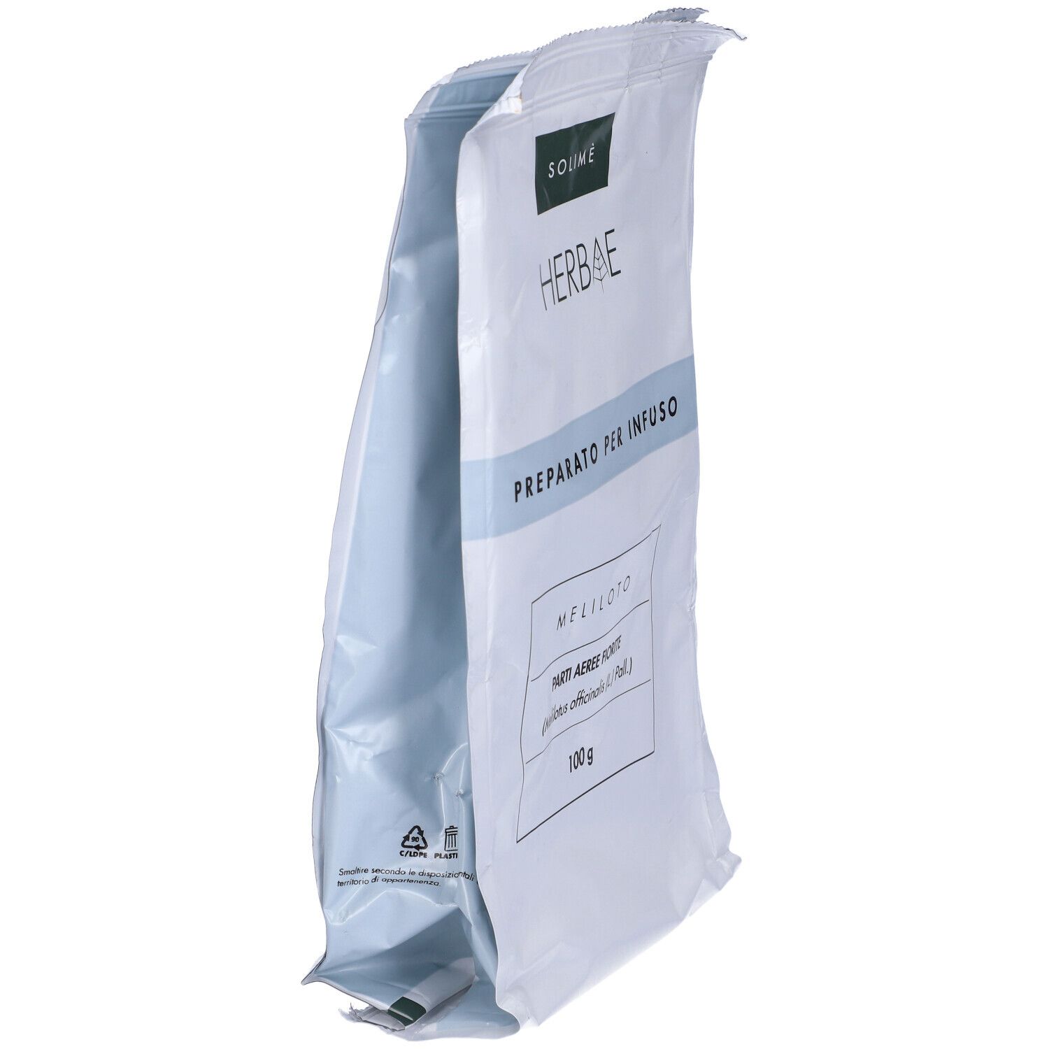 Confezione con nome MELILOTO, 100 g. Scritta: PREPARATO PER INFUSO.