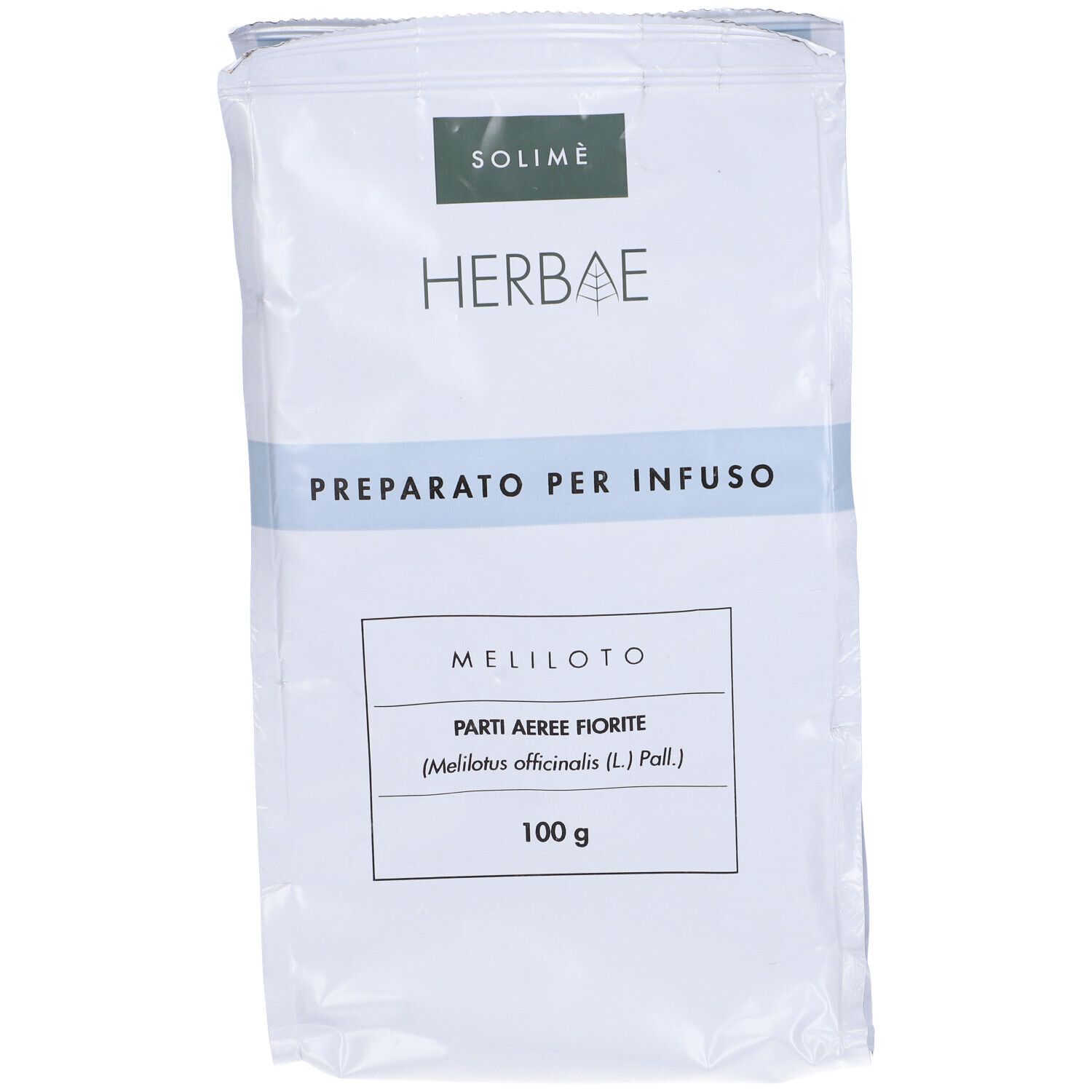 Confezione con nome MELILOTO, 100 g. Scritta: PREPARATO PER INFUSO.