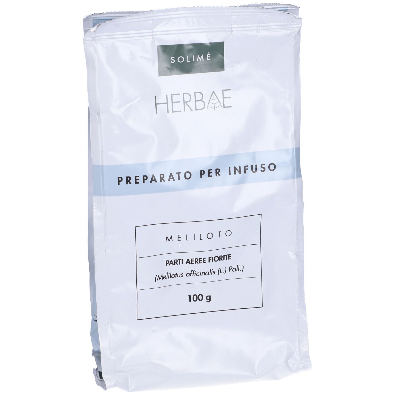 Confezione con nome MELILOTO, 100 g. Scritta: PREPARATO PER INFUSO.