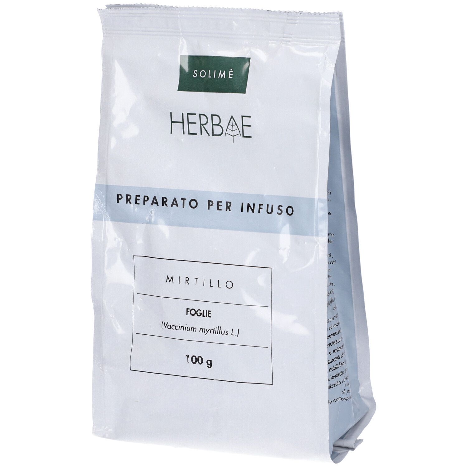 Busta con logo SOLIMÈ e scritta HERBAE. Scritta « PREPARATO PER INFUSO » e « Mirtillo FOGLIE 100 g ».