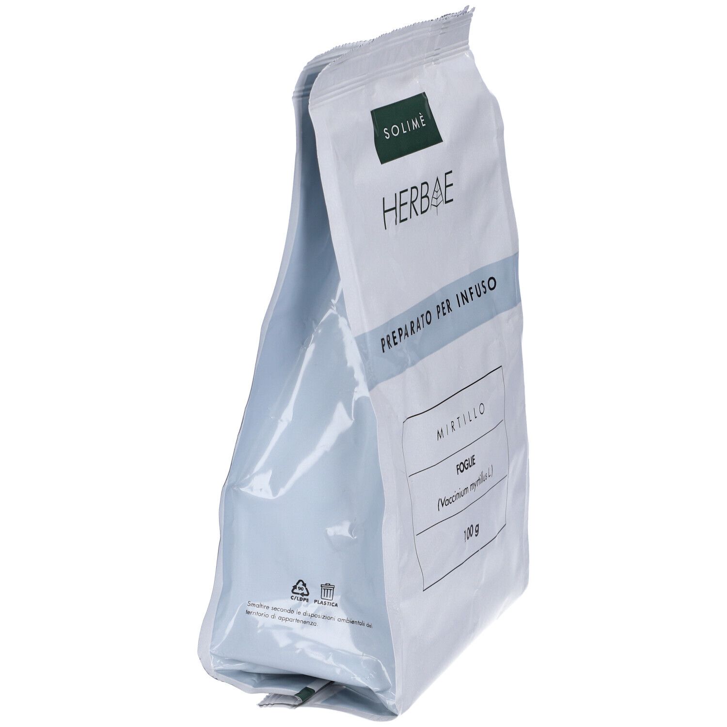 Busta con logo SOLIMÈ e scritta HERBAE. Scritta « PREPARATO PER INFUSO » e « Mirtillo FOGLIE 100 g ».