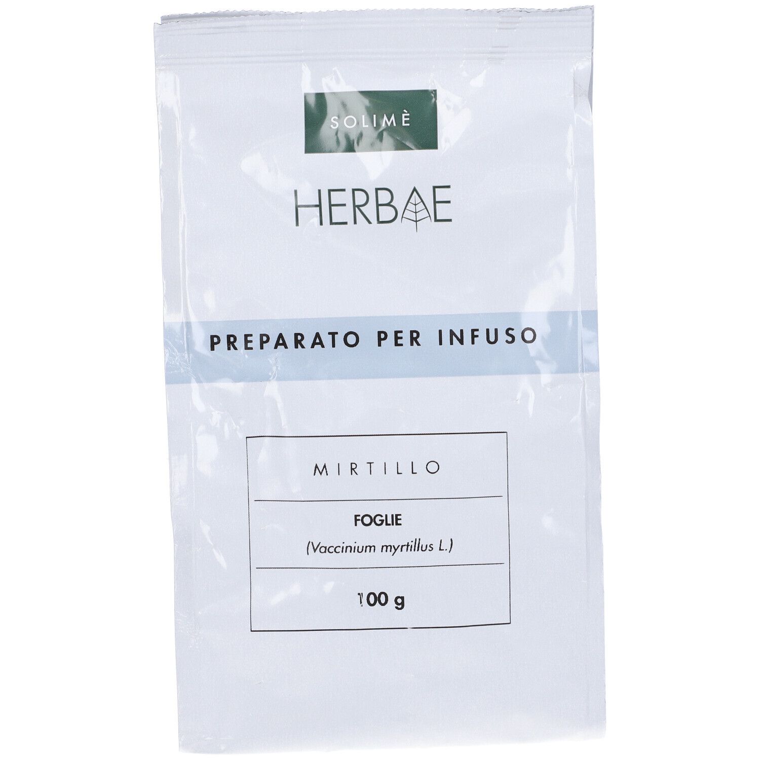 Busta con logo SOLIMÈ e scritta HERBAE. Scritta « PREPARATO PER INFUSO » e « Mirtillo FOGLIE 100 g ».