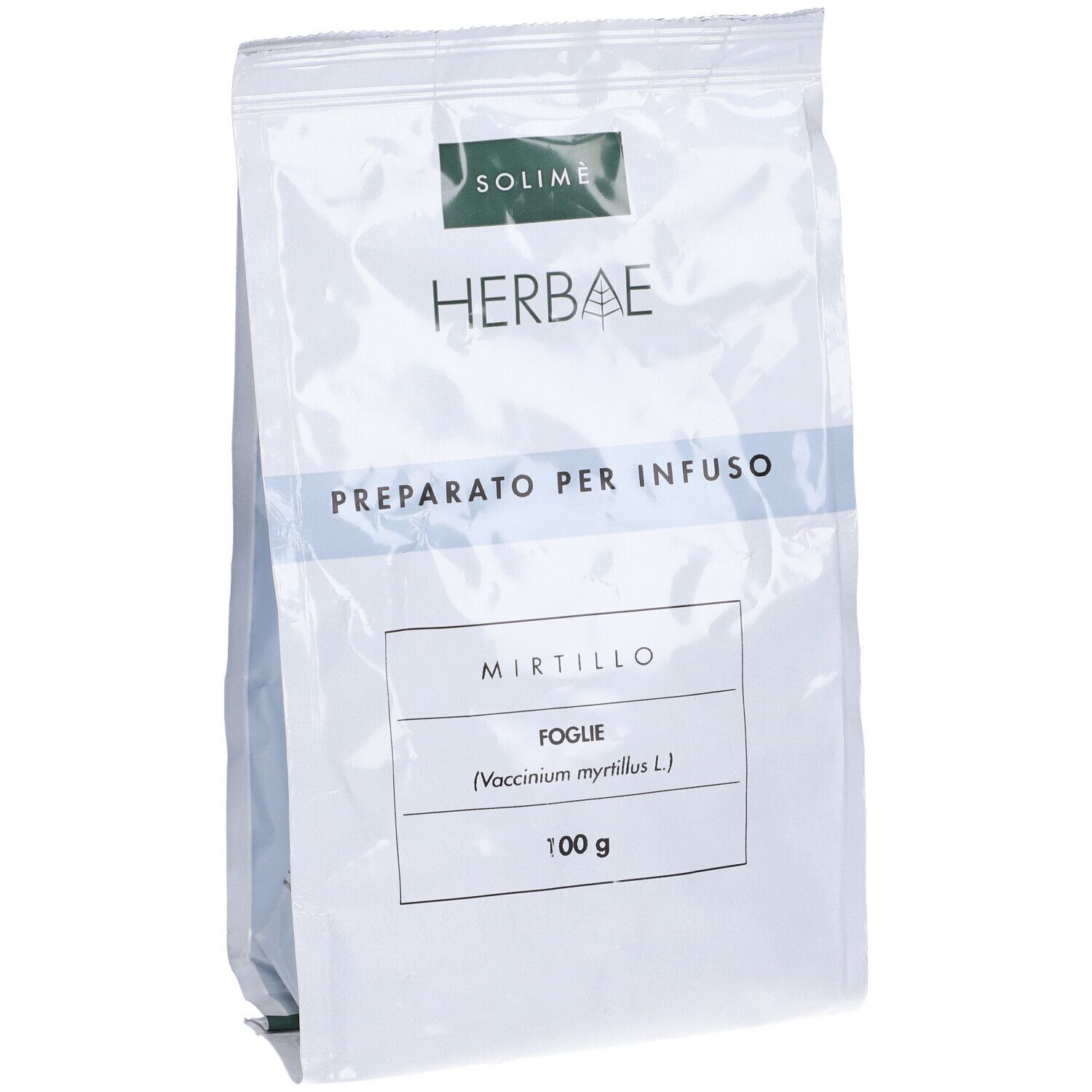 Busta con logo SOLIMÈ e scritta HERBAE. Scritta « PREPARATO PER INFUSO » e « Mirtillo FOGLIE 100 g ».