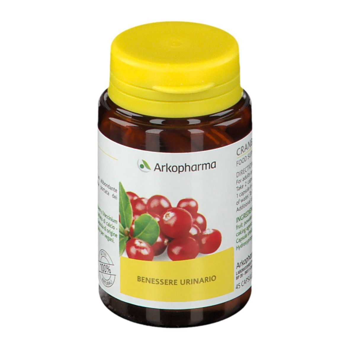 Flacone marrone, tappo giallo. Scritto: Cranberry, Benessere Urinario, 100% naturale. 45 capsule.