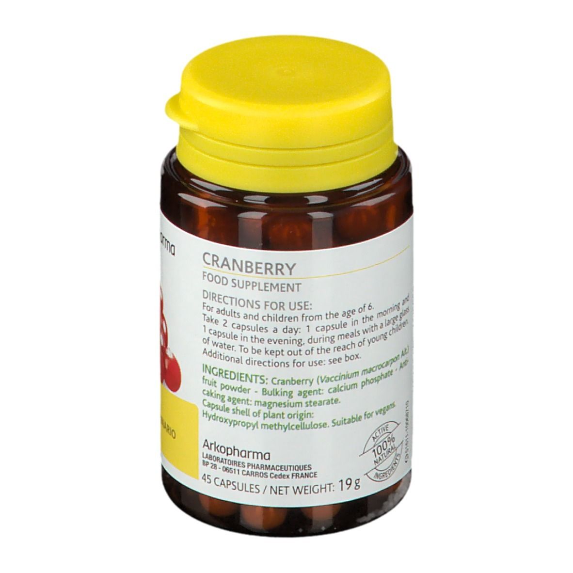 Flacone marrone, tappo giallo. Scritto: Cranberry, 45 capsule, 19g. Ingredienti e istruzioni.