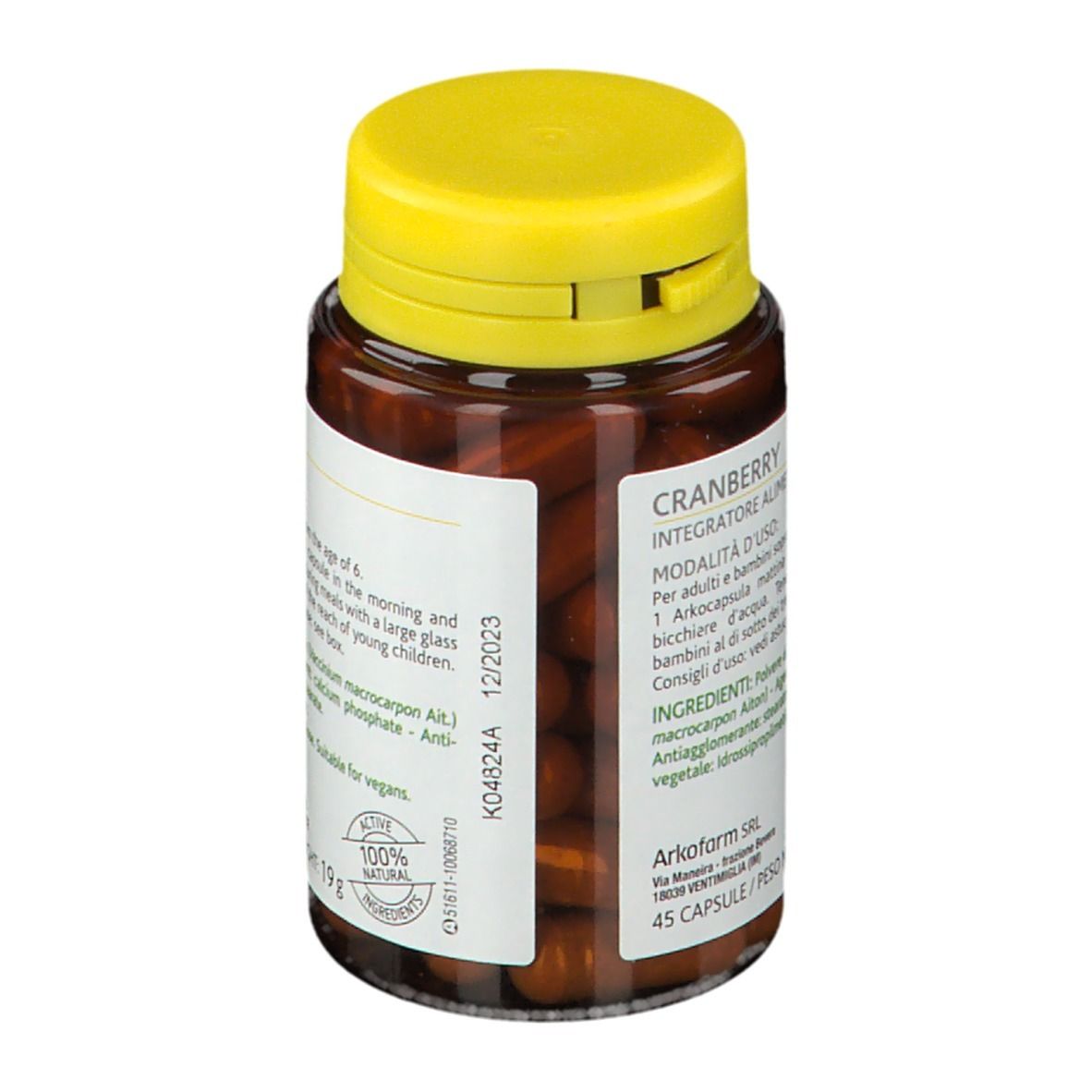Flacone marrone, tappo giallo. Scritto: Cranberry, 45 capsule, 19g. Scadenza 12/2023.
