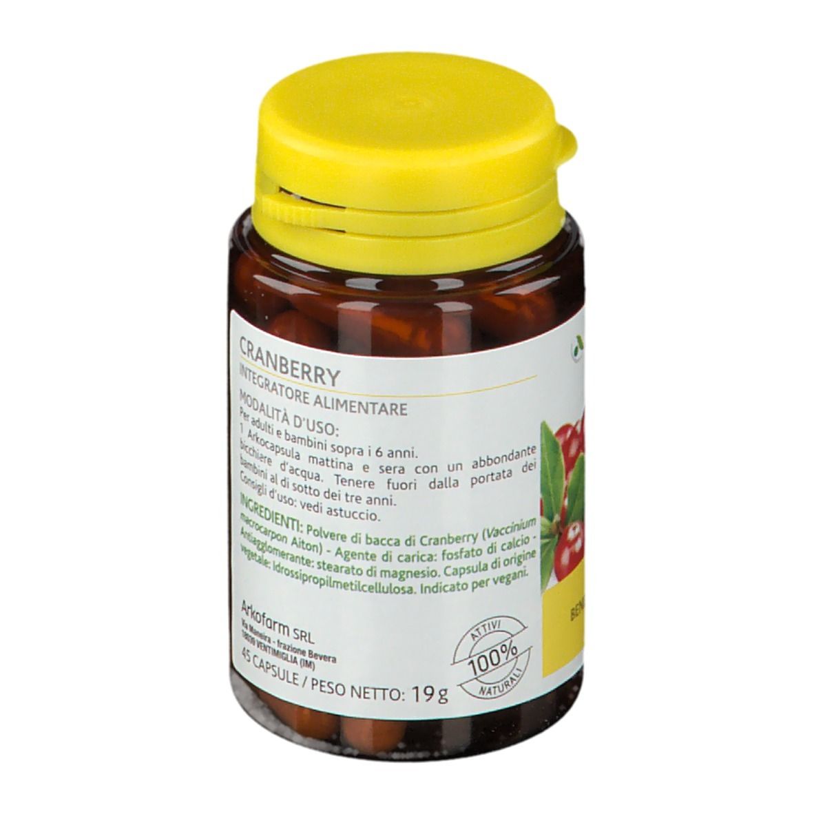 Flacone marrone, tappo giallo. Scritto: Cranberry, 45 capsule, 19g. Istruzioni e ingredienti.