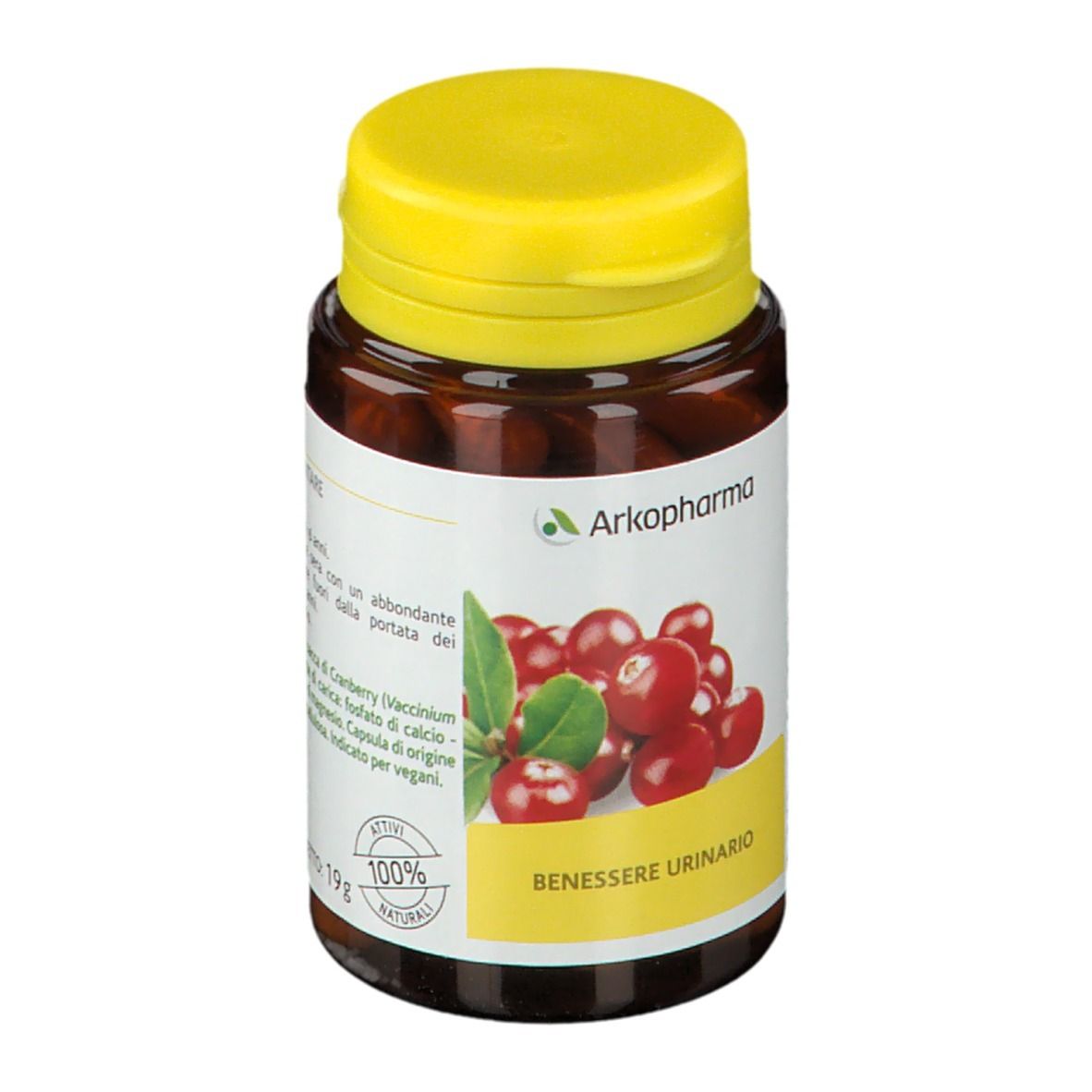 Flacone marrone, tappo giallo. Scritto: Cranberry, Benessere Urinario, 100% naturale. 45 capsule.