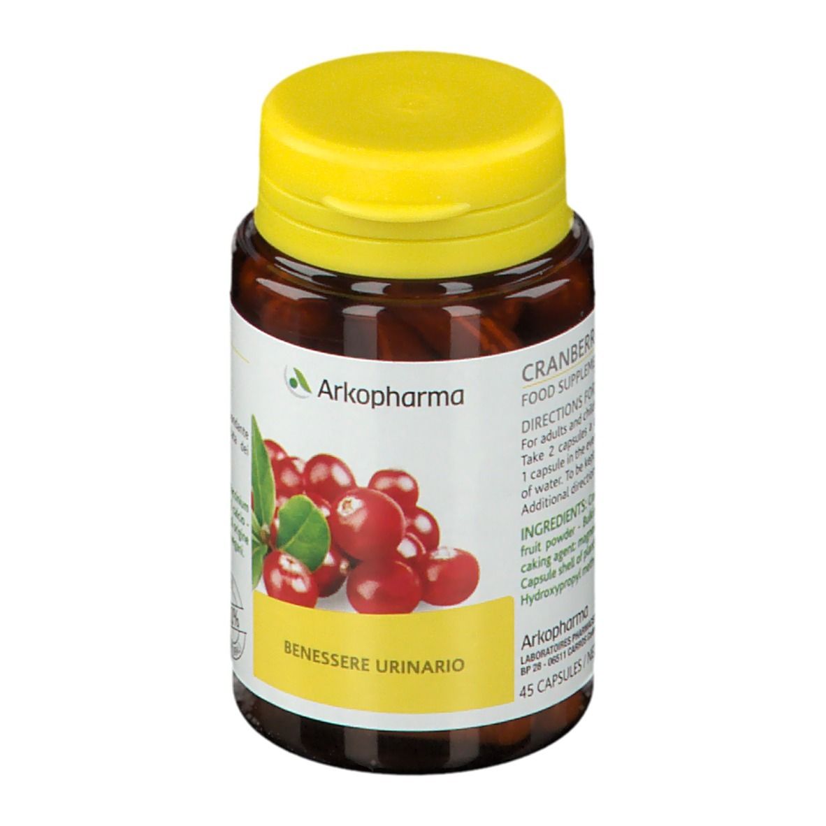 Flacone marrone, tappo giallo. Scritto: Cranberry, Benessere Urinario, 100% naturale. 45 capsule.