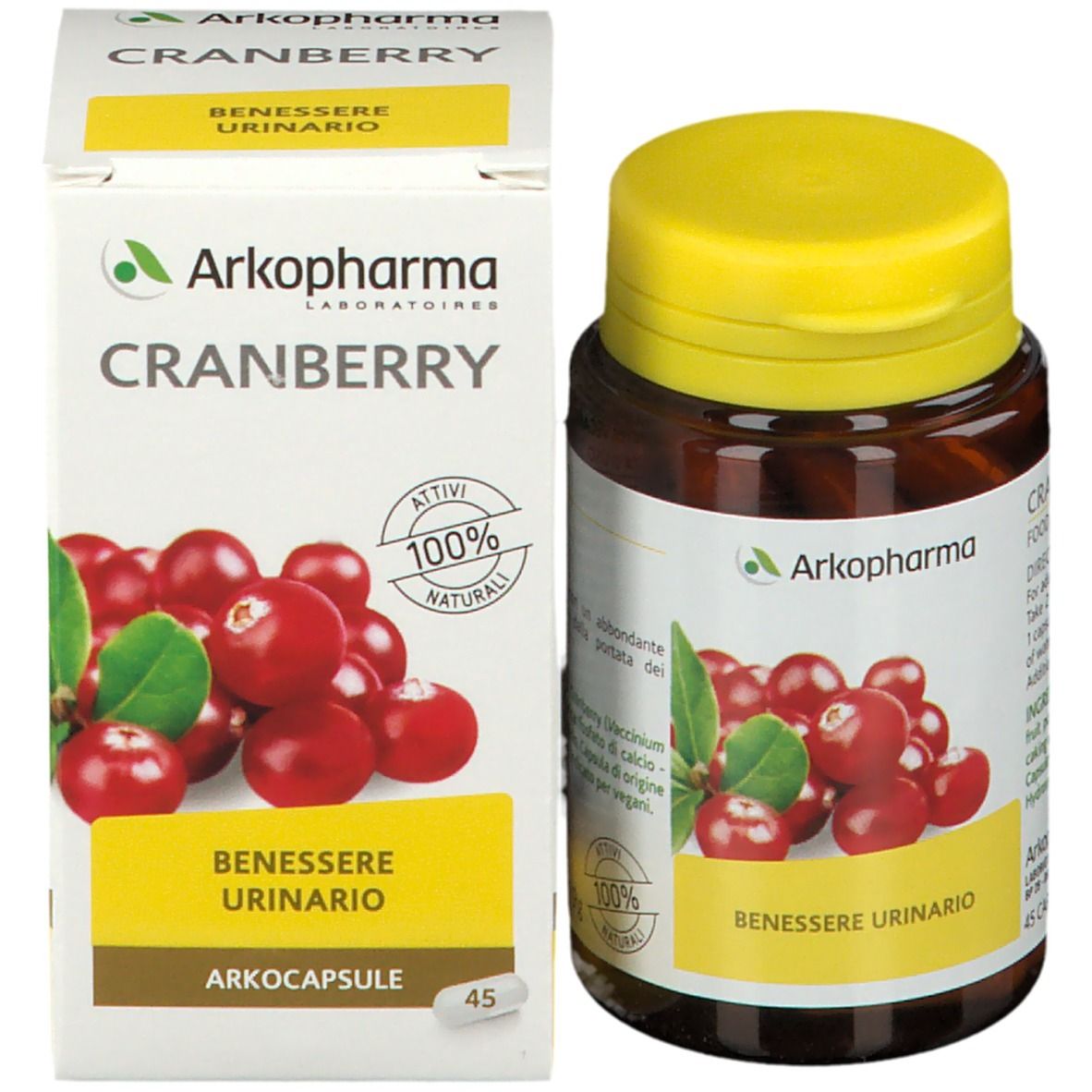 Confezione prodotto: flacone e scatola. Scritto: Cranberry, Benessere Urinario, 100% naturale. 45 capsule.