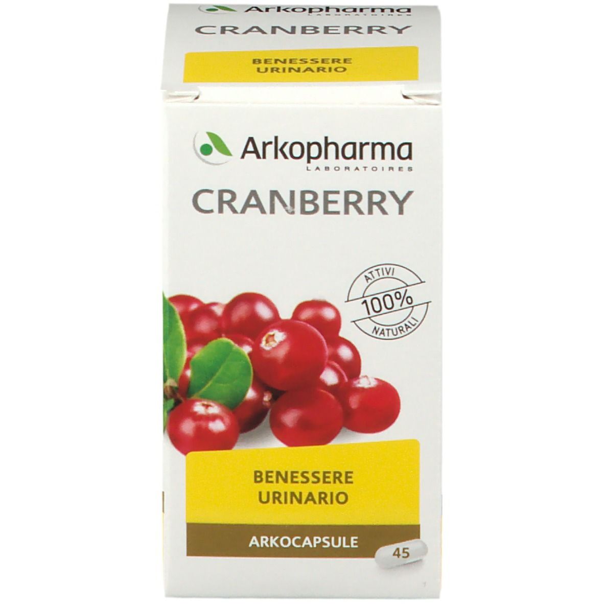 Scatola Arkocapsule® Cranberry. Scritto: Cranberry, Benessere Urinario, 100% naturale. 45 capsule.
