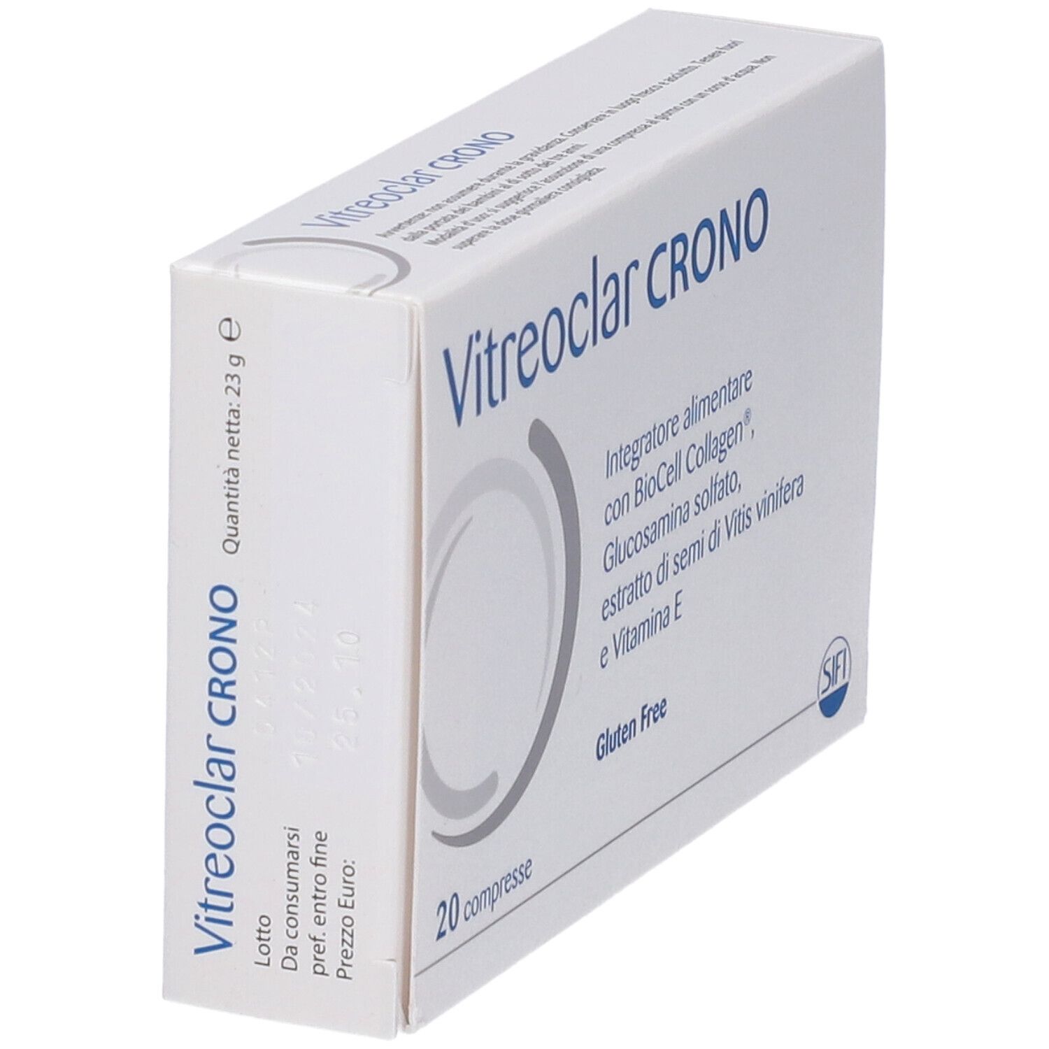 Scatola "Vitreoklar Crono" con 20 compresse. Contiene collagene, glucosamina e vitamina E. Senza glutine. Logo SIFI.