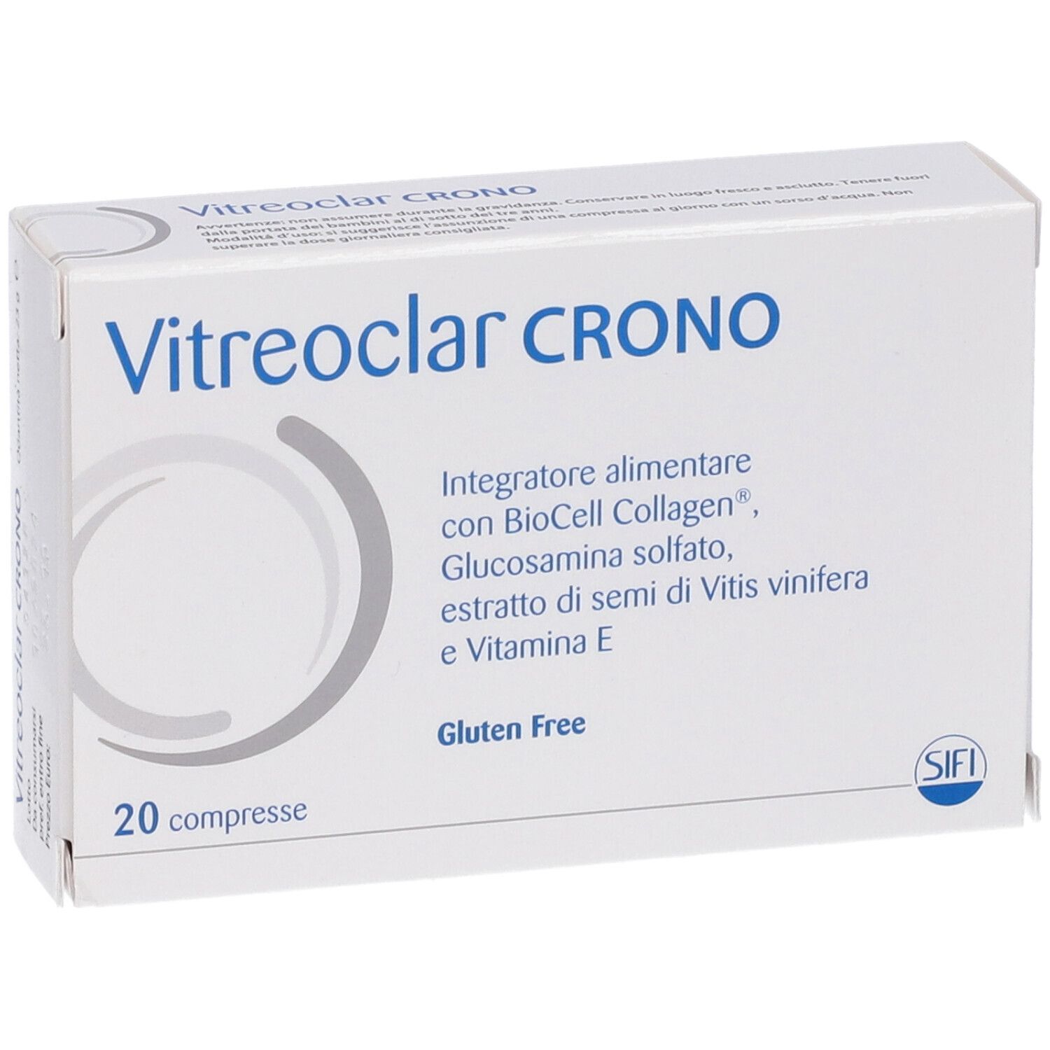 Scatola "Vitreoklar Crono" con 20 compresse. Contiene collagene, glucosamina e vitamina E. Senza glutine. Logo SIFI.