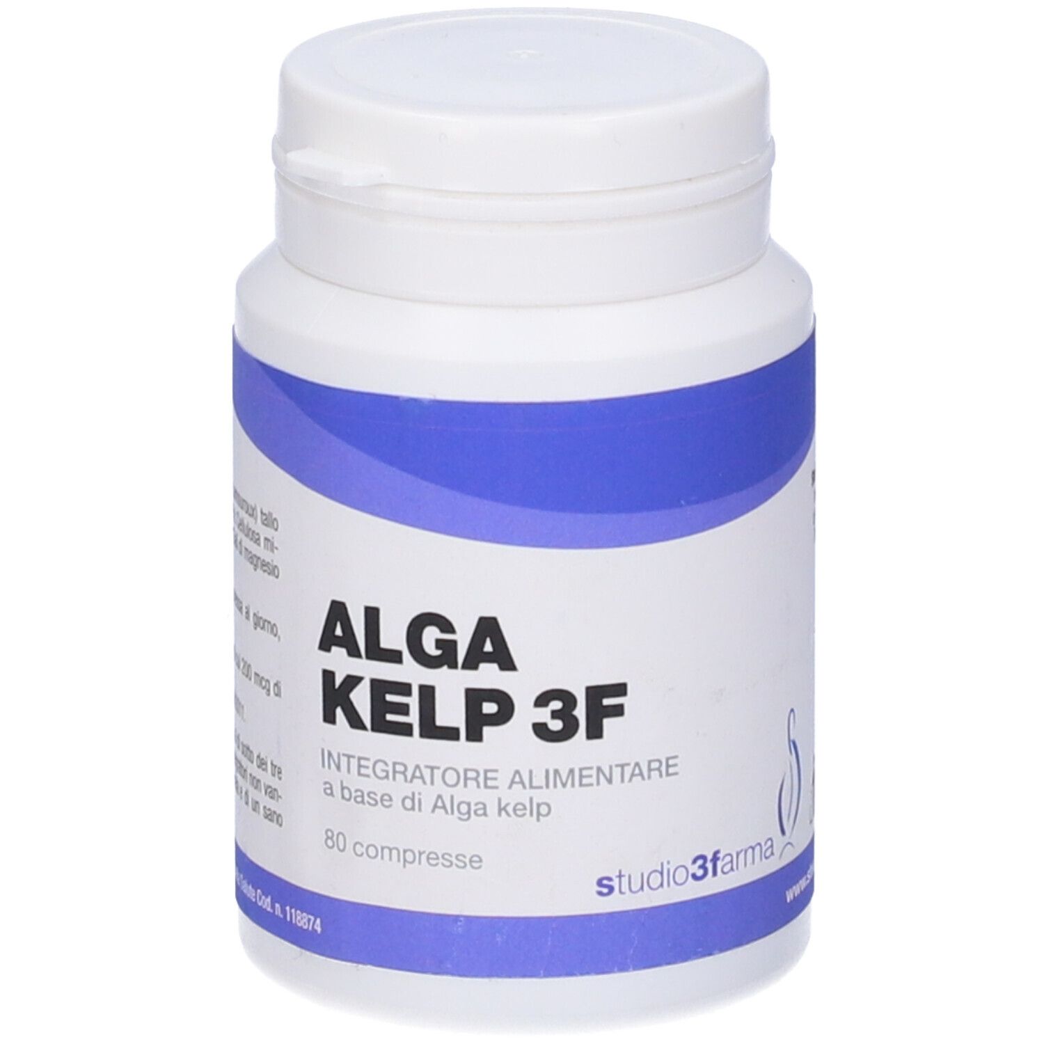 Flacone bianco con fascia blu. Scritta: ALGA KELP 3F, 80 compresse. Logo Studio3farma.