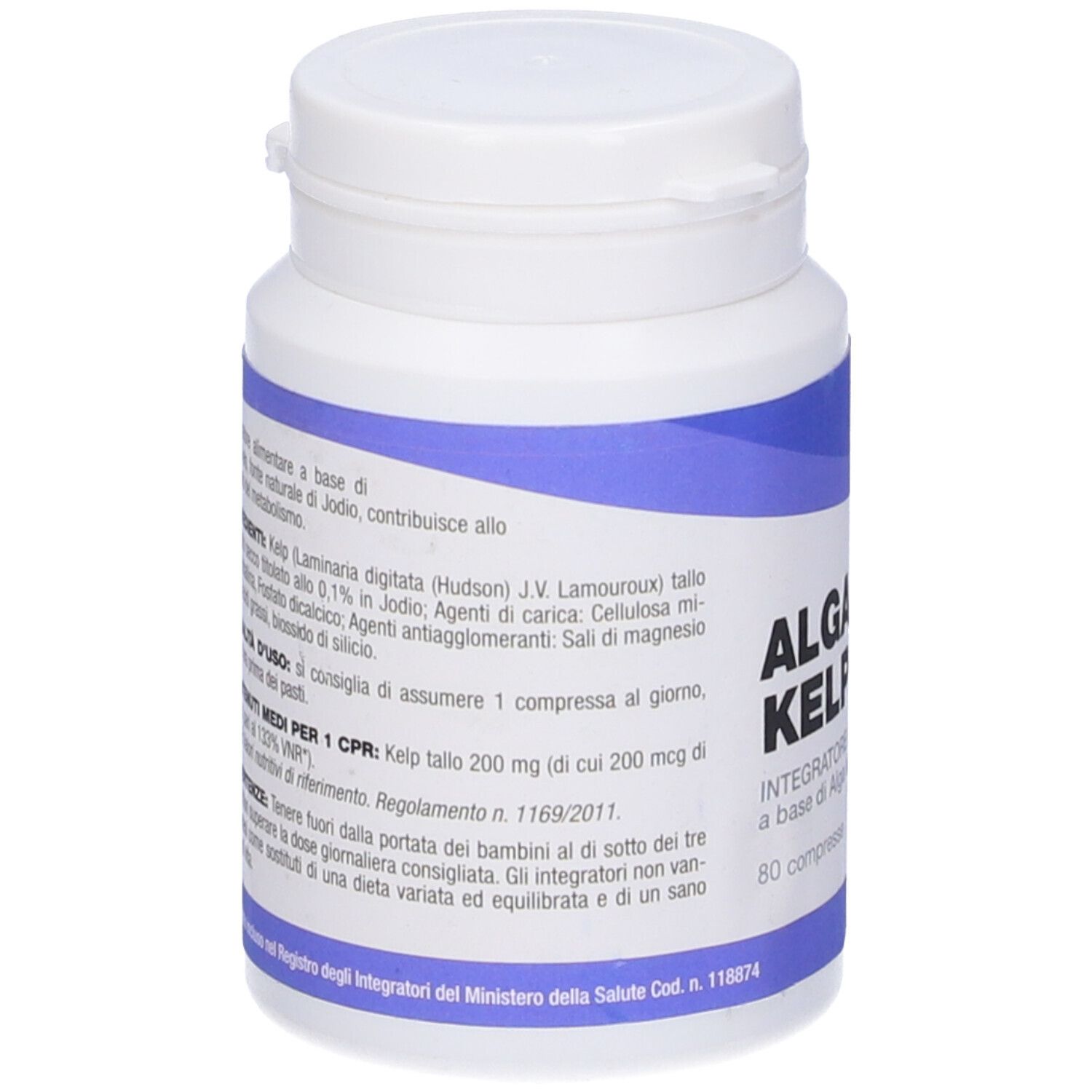Flacone bianco con scritte blu. Testo: ingredienti, istruzioni per l'uso, informazioni nutrizionali. Retro.