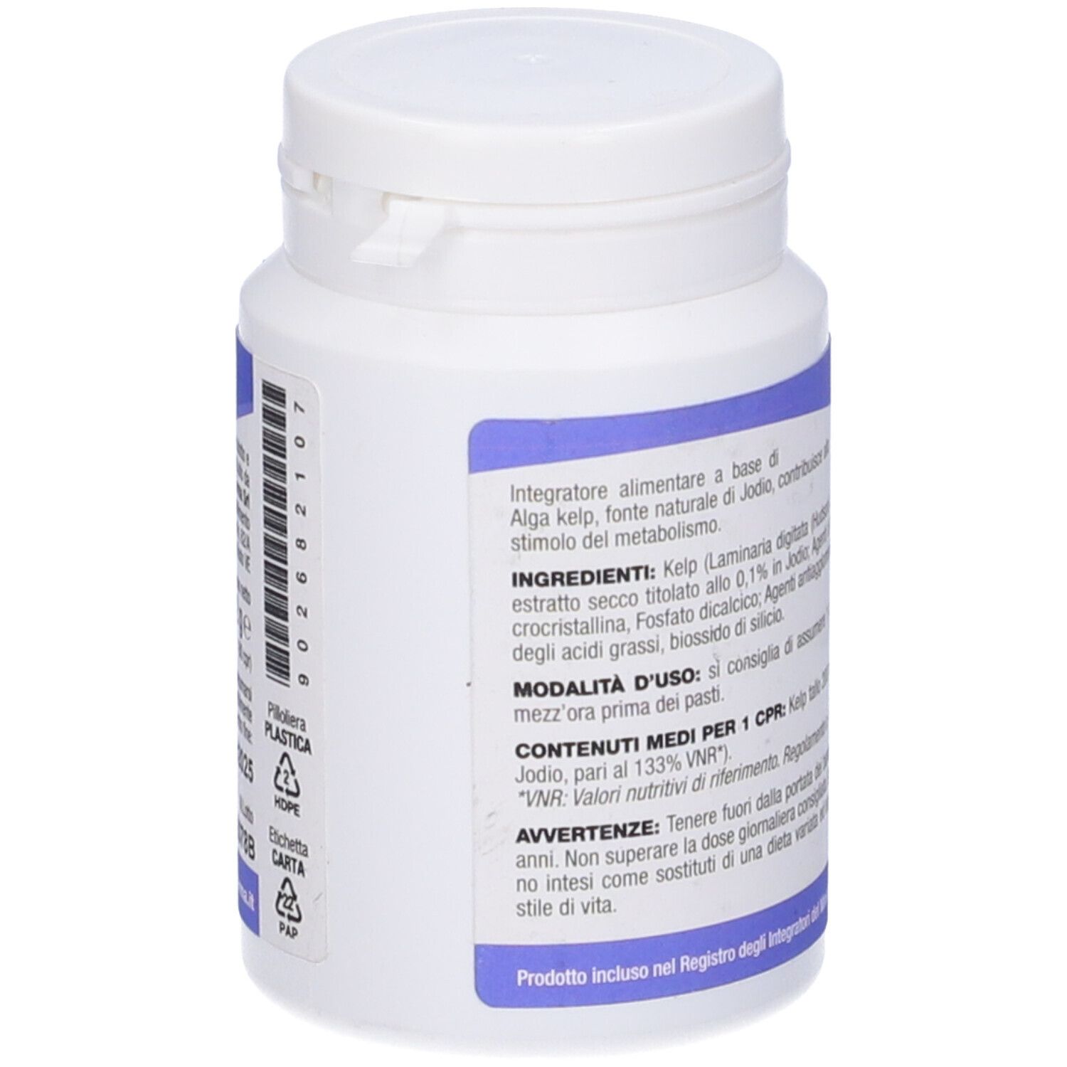 Flacone bianco con scritte blu. Testo: ingredienti, istruzioni per l'uso, informazioni nutrizionali. Retro.