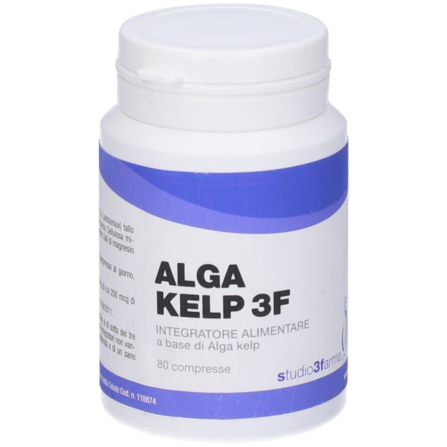 Flacone bianco con fascia blu. Scritta: ALGA KELP 3F, 80 compresse. Logo Studio3farma.
