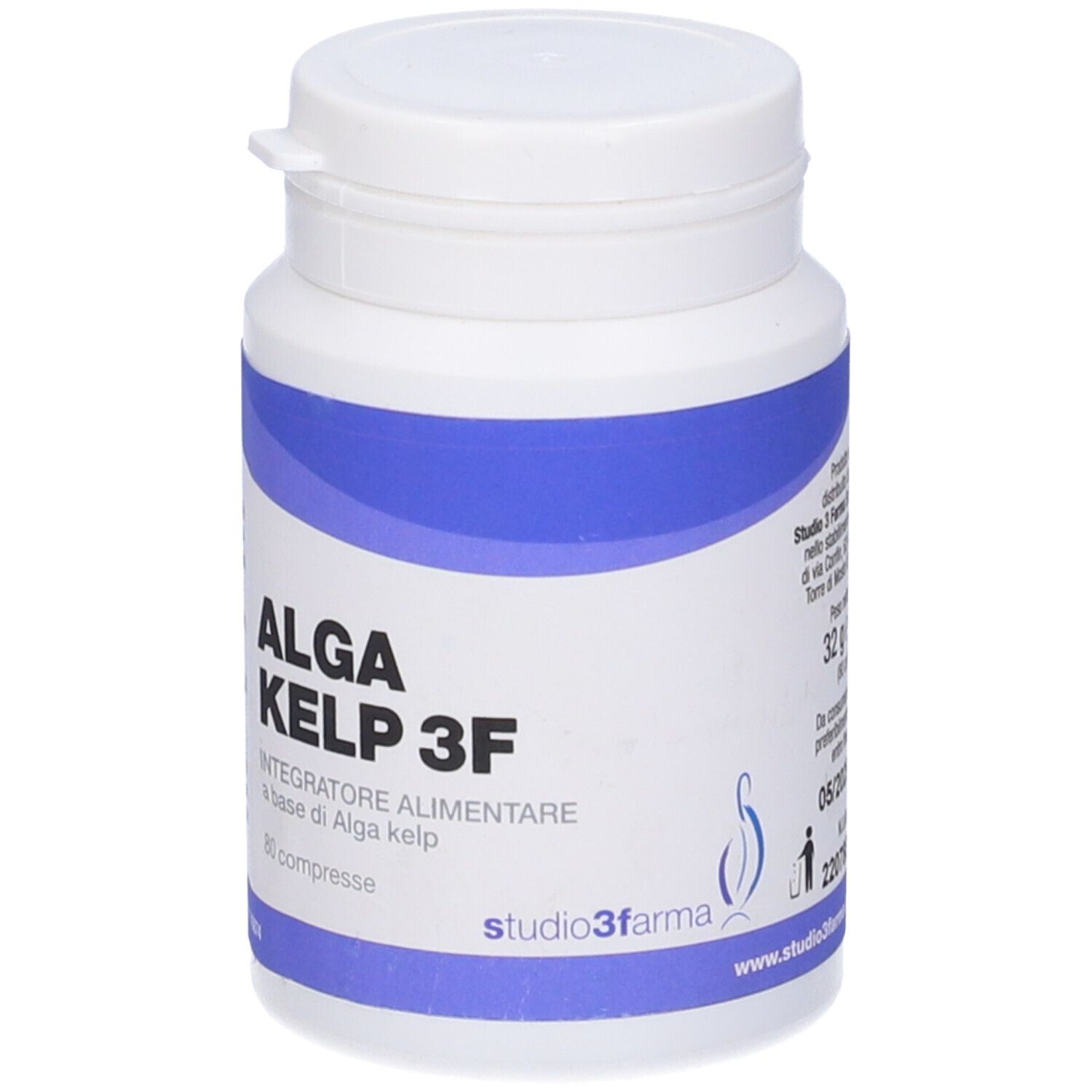 Flacone bianco con fascia blu. Scritta: ALGA KELP 3F, 80 compresse. Logo Studio3farma.