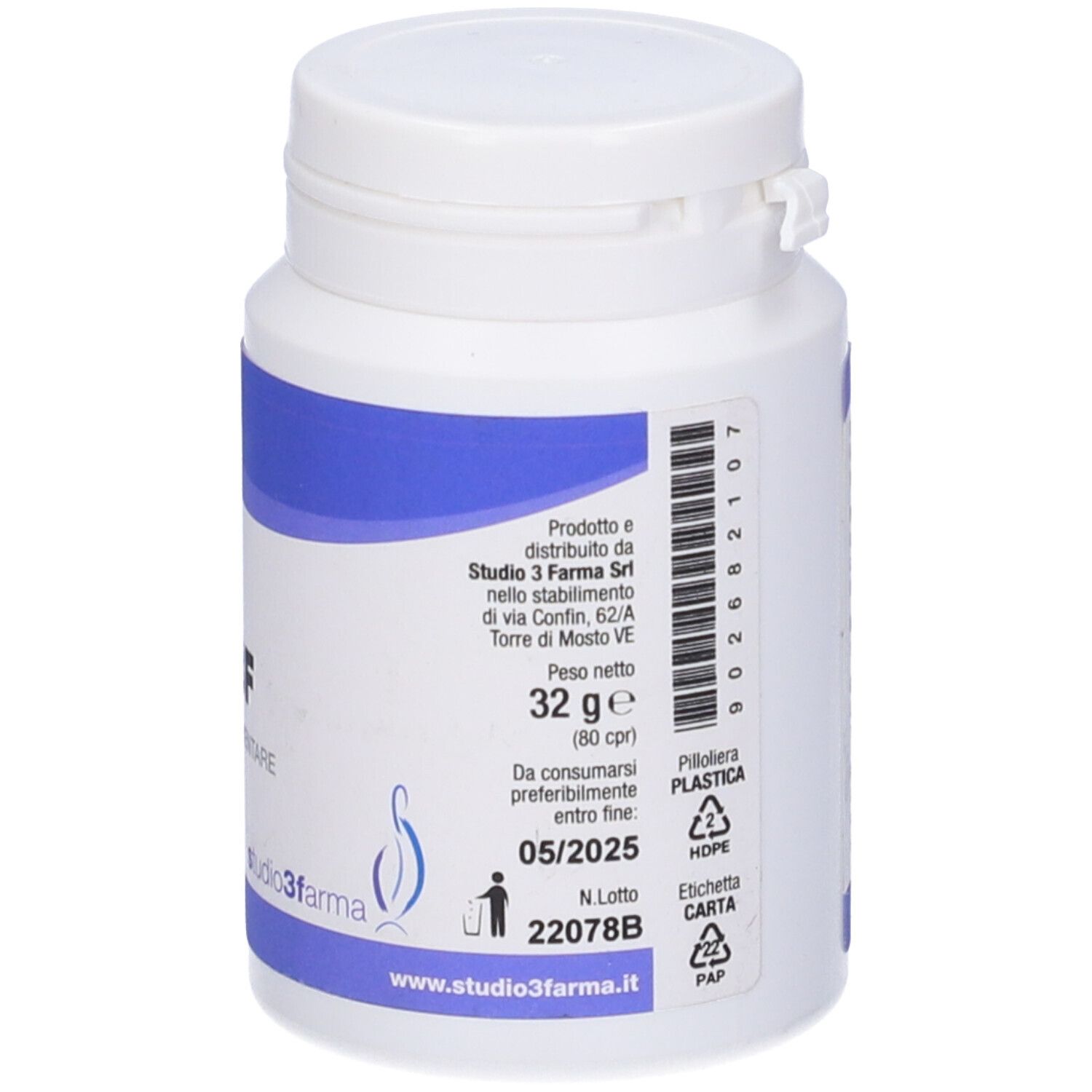 Flacone bianco con scritte blu. Testo: peso netto 32 g, data di scadenza, produttore. Logo Studio3farma.