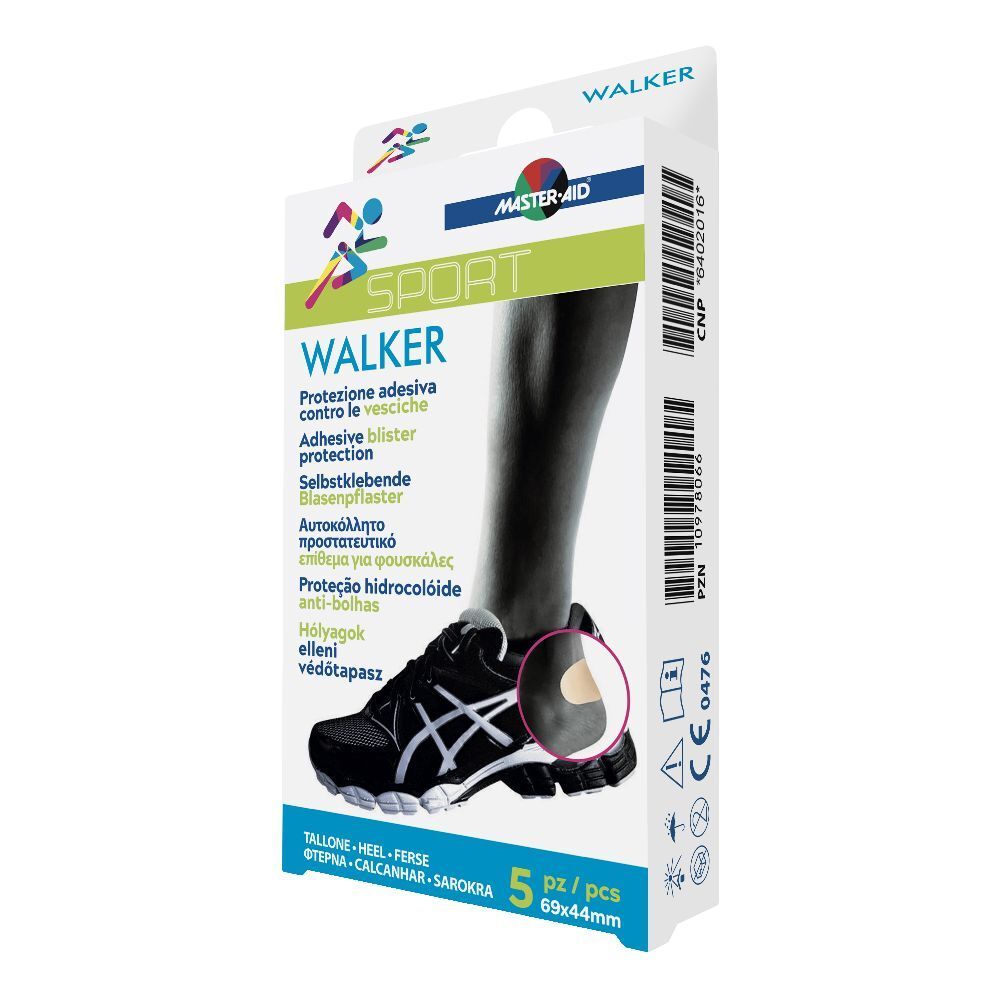 Confezione Master-Aid Sport Walker. Mostra gamba con scarpa e cerotto. 5 pezzi, 69x44mm.