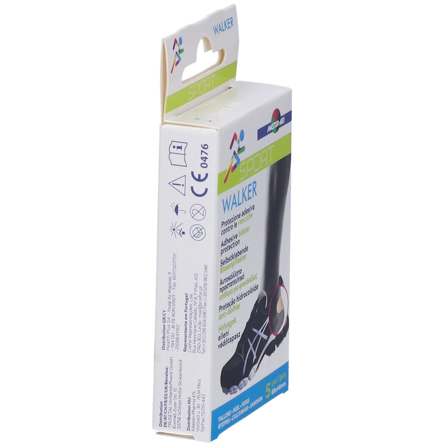 Confezione Master-Aid Sport Walker. Vista laterale. Testo: Walker, 5 pezzi, marchio CE.