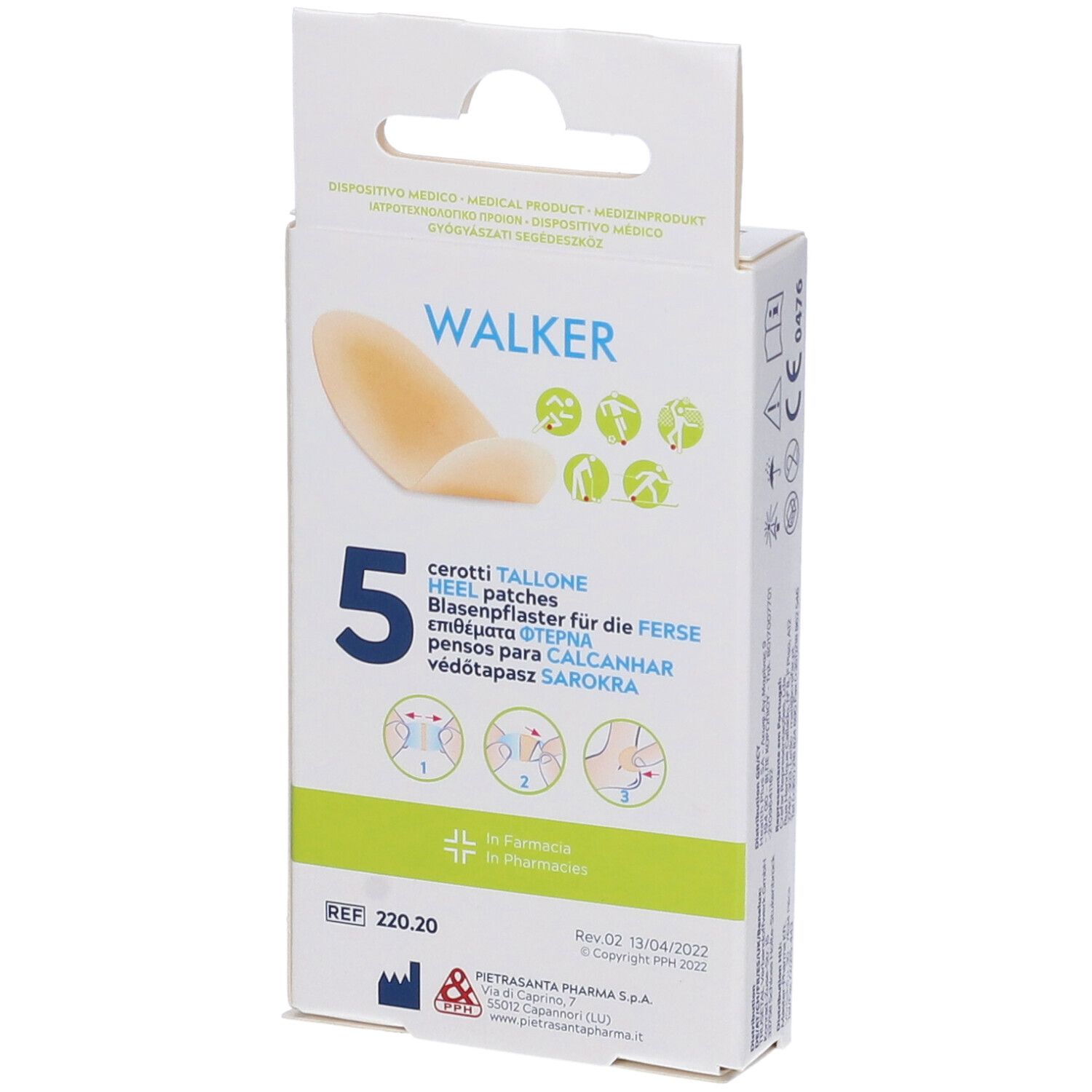 Confezione Master-Aid Walker. 5 cerotti. Illustrazioni di piedi. Testo: cerotti tallone.