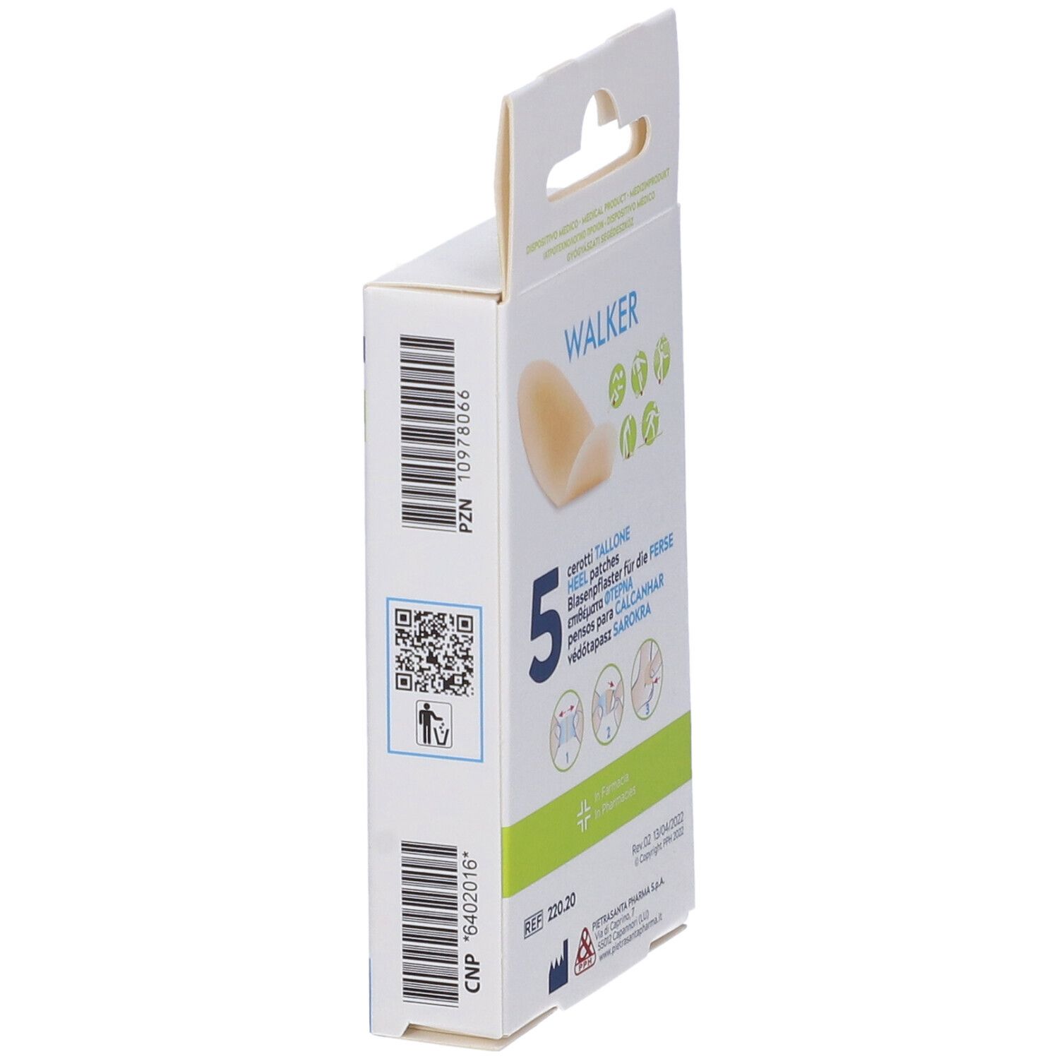 Confezione Master-Aid Walker. 5 cerotti. Codice QR e codice PZN. Testo: cerotti tallone.