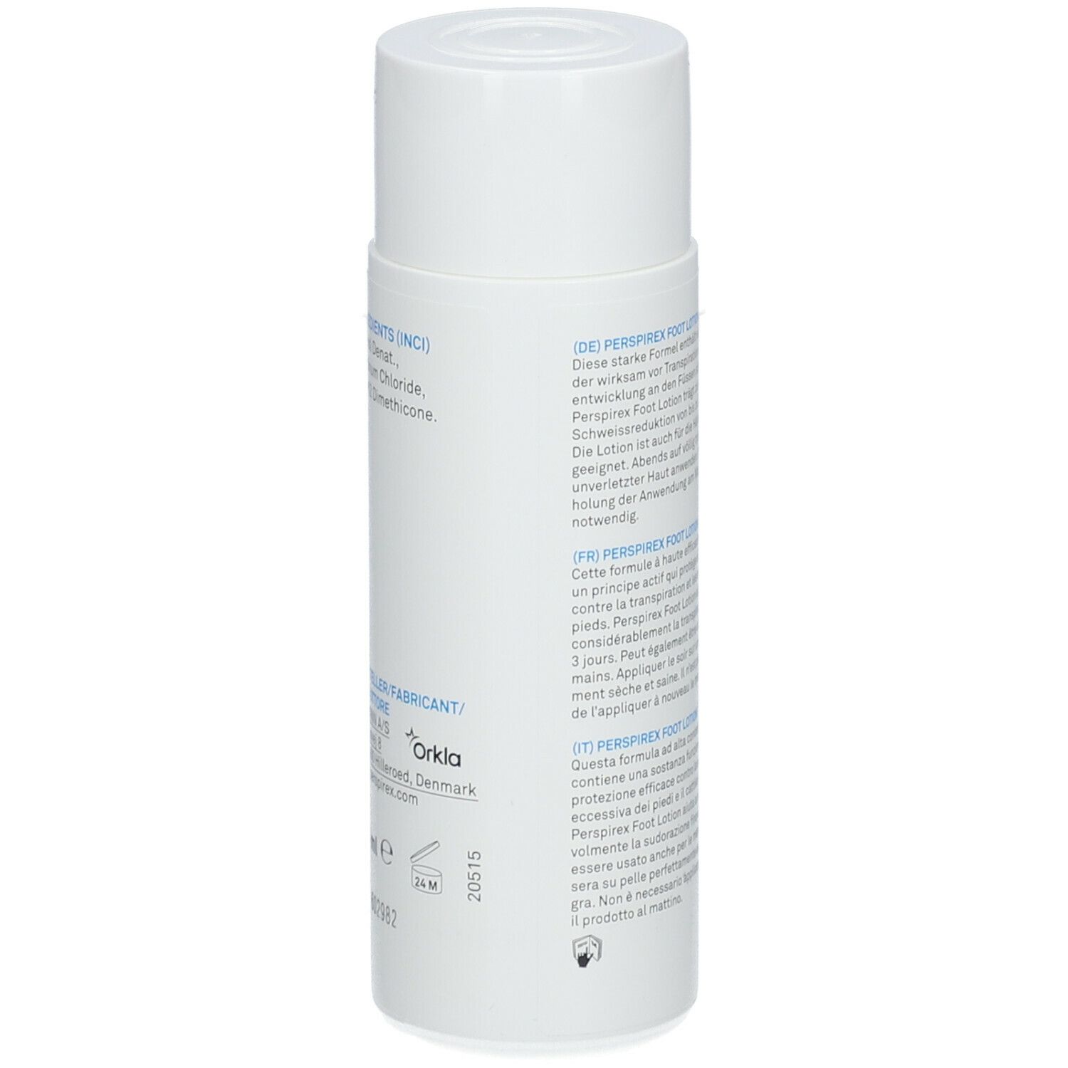 Perspirex Foot Lotion. Flacon blanc. Texte au dos. Goutte bleue stylisée. Ingrédients.