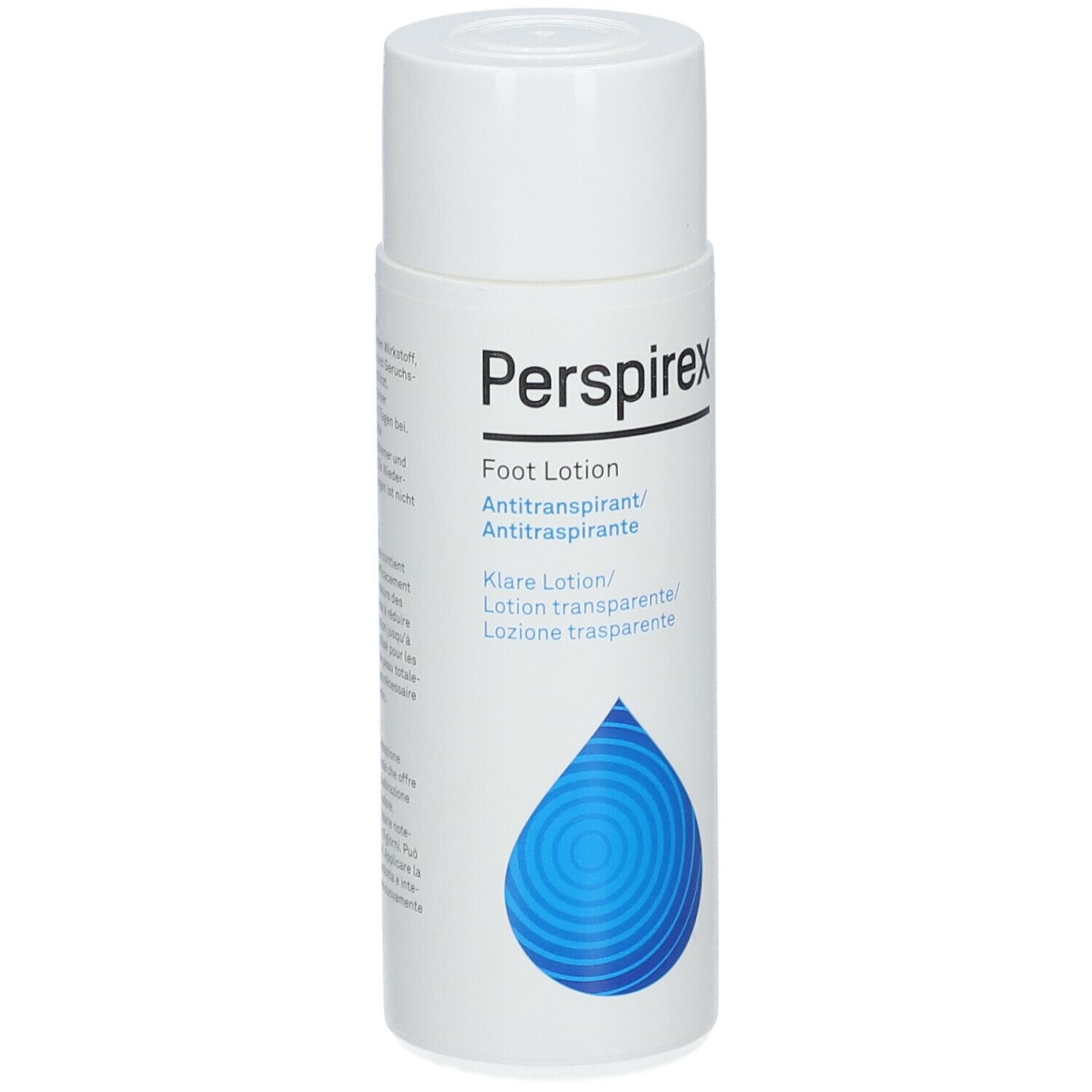 Perspirex Foot Lotion. Flacon blanc. Goutte bleue stylisée. Texte: Antitranspirant, lotion transparente.