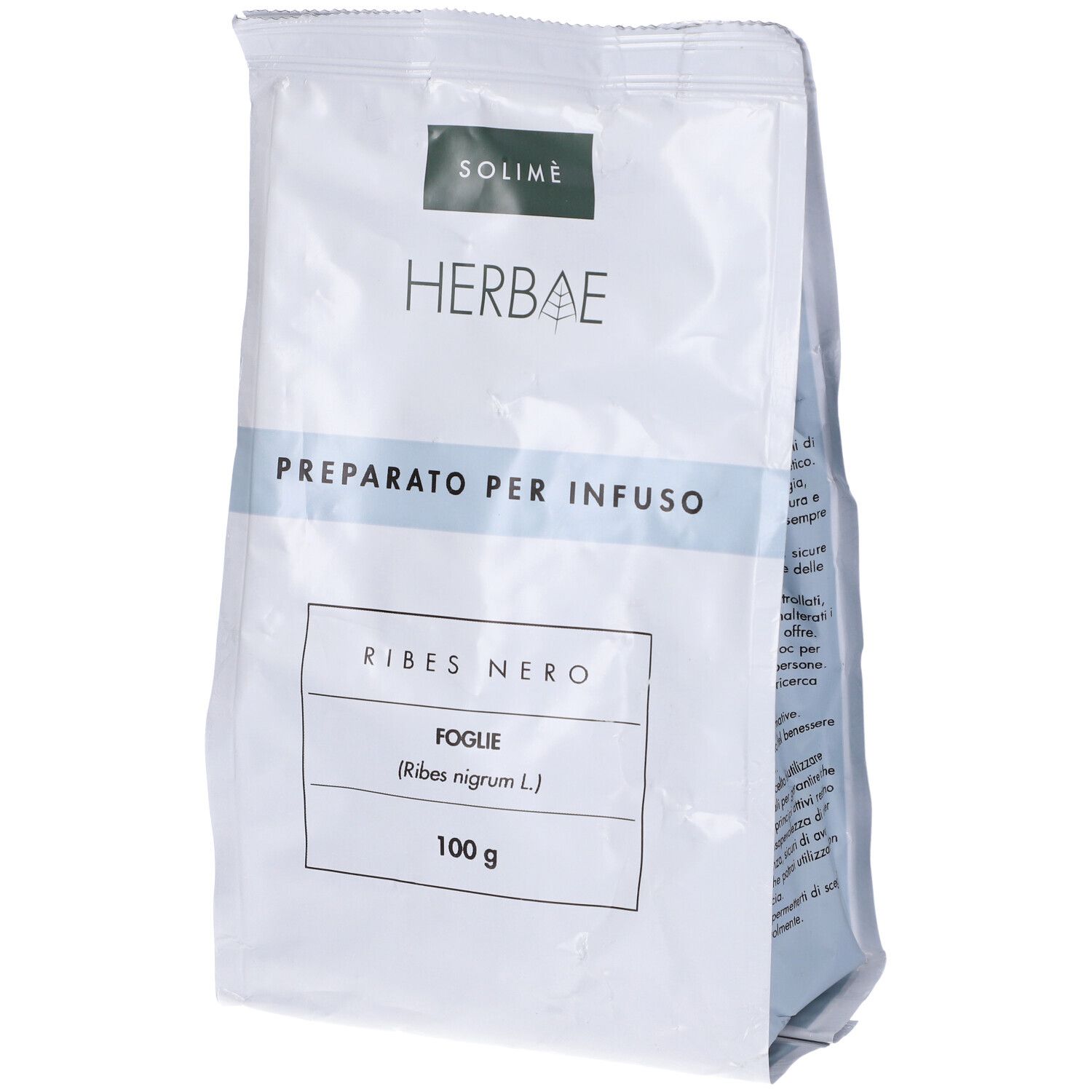 Busta con Ribes Nero. Marchio Herbae. Scritta 'Preparato per Infuso'.